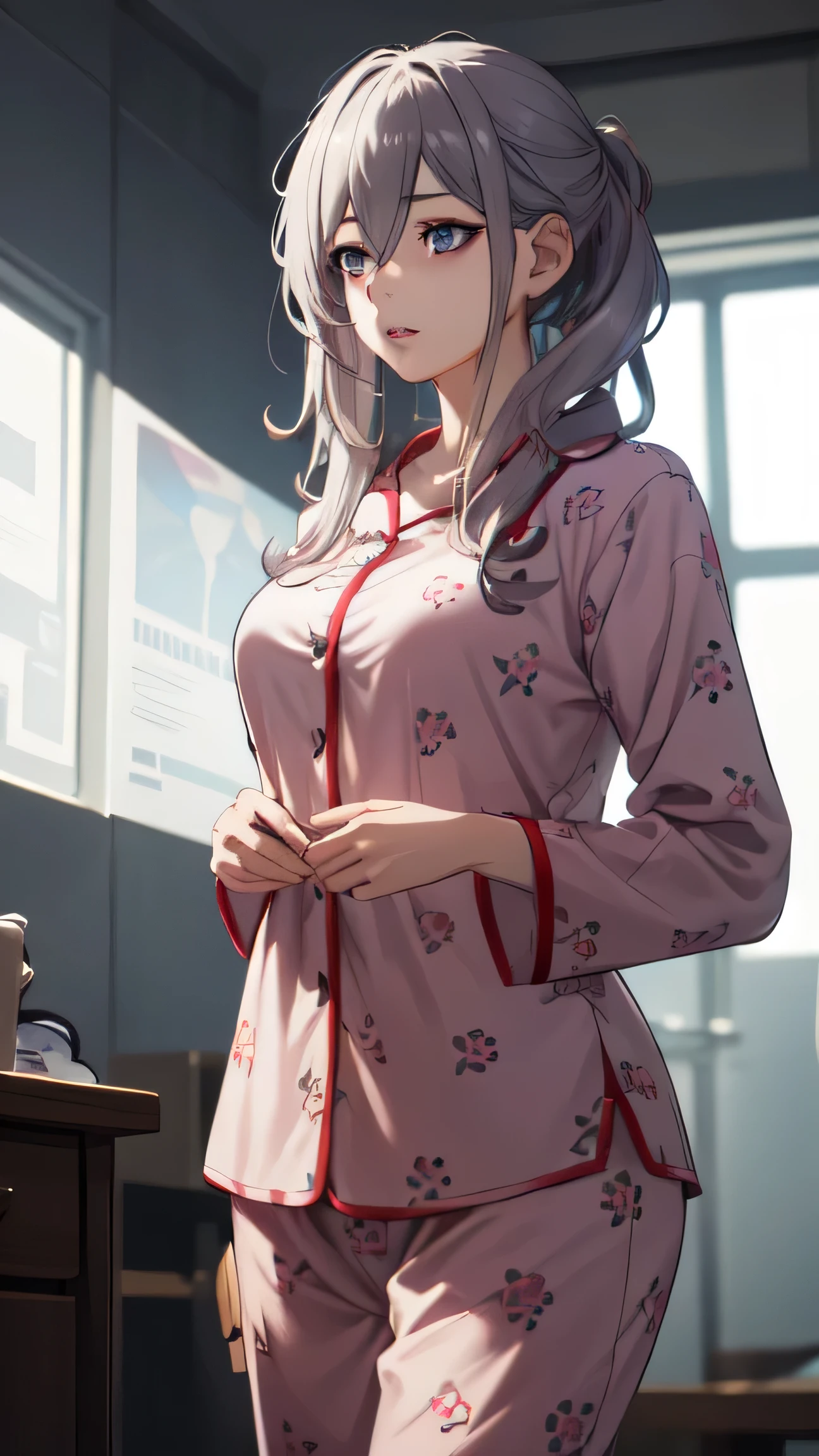 A beautiful girl, Reine Murasame, wearing sexy pajamas, detailed eyes, detailed lips, long eyelashes, beautiful figure, standing alone, high quality, 8k, photorealistic, masterpiece, cinematic lighting, warm color tones, intricate details, elegant, beautiful, attractive