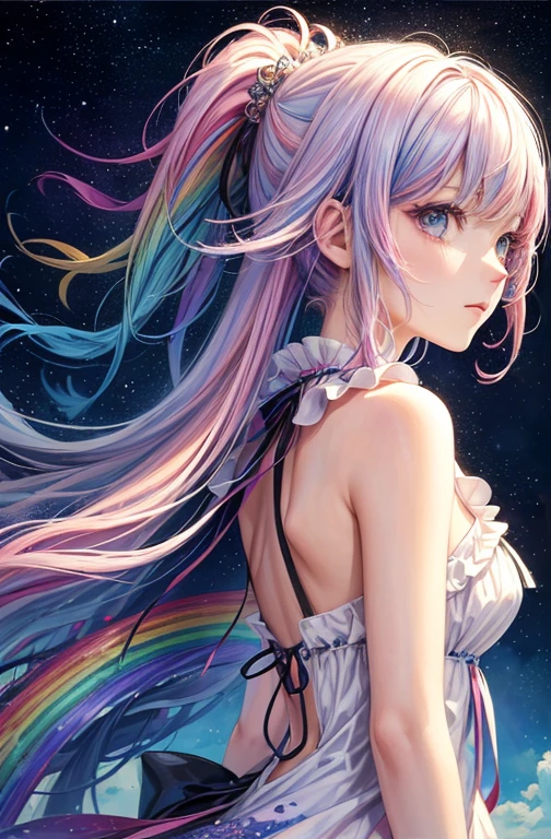 (masterpiece, highest quality, highest quality,watercolor (Moderate),Official Art, beautifully、aesthetic:1.2),(One girl:1.3), (Fractal Art:1.3),Upper Body, From the side, View Viewer,pattern,(Rainbow Hair,colorful hair,Half Blue、Half pink hair:1.2),water,liquid, cloud,colorful, Starry sky,performer,short hair