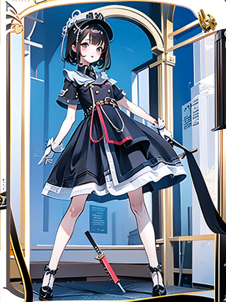 1girl、highest quality、vtuber-fullbody、Milky white short hair、Masterpiece、Official Art、The best composition、Standing in front of the viewer、Simple Background、Black and red Gothic ****ta、