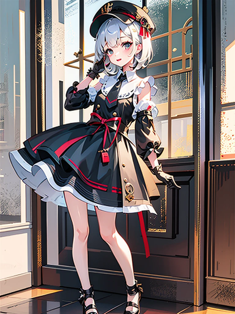 1girl、highest quality、vtuber-fullbody、Milky white short hair、Masterpiece、Official Art、The best composition、Standing in front of the viewer、Simple Background、Black and red Gothic Lolita、m1l1t4ry, necktie, black gloves, black dress, peaked cap, puffy dress, short sleeves,