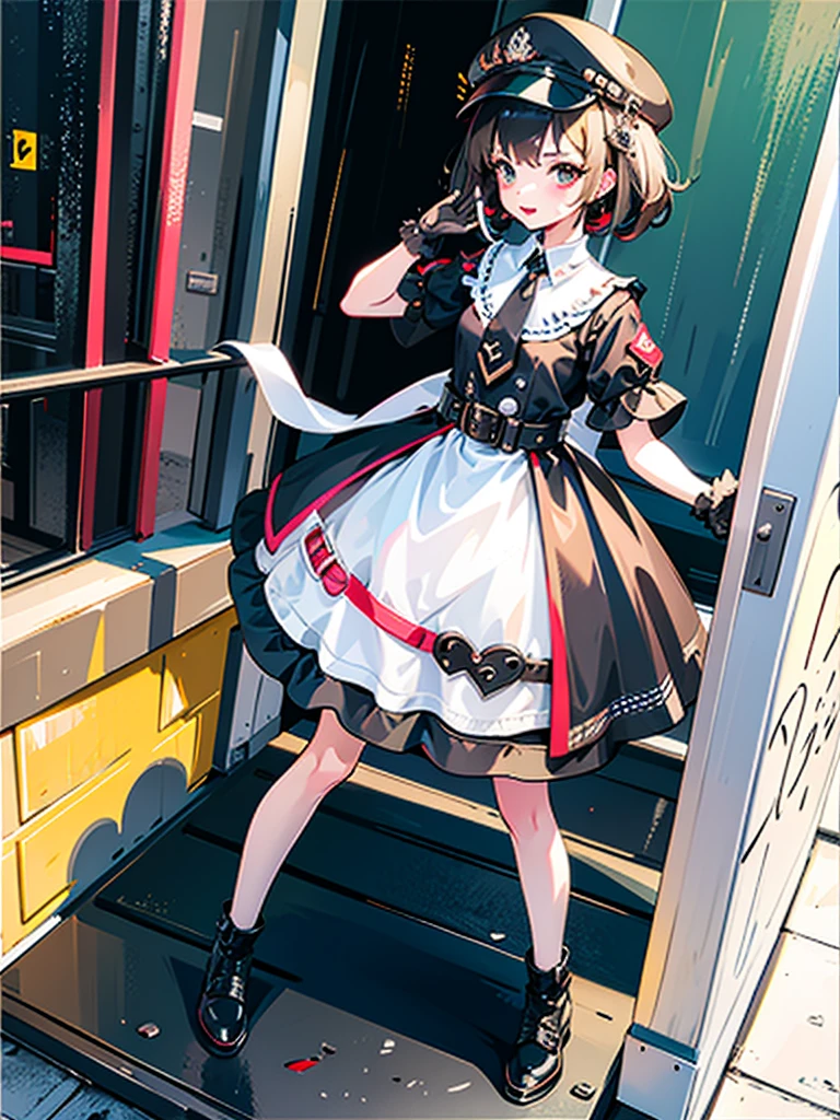 1girl、highest quality、vtuber-fullbody、Milky white short hair、Masterpiece、Official Art、The best composition、Standing in front of the viewer、Simple Background、Black and red Gothic ****ta、m1l1t4ry, necktie, black gloves, black dress, peaked cap, puffy dress, short sleeves,