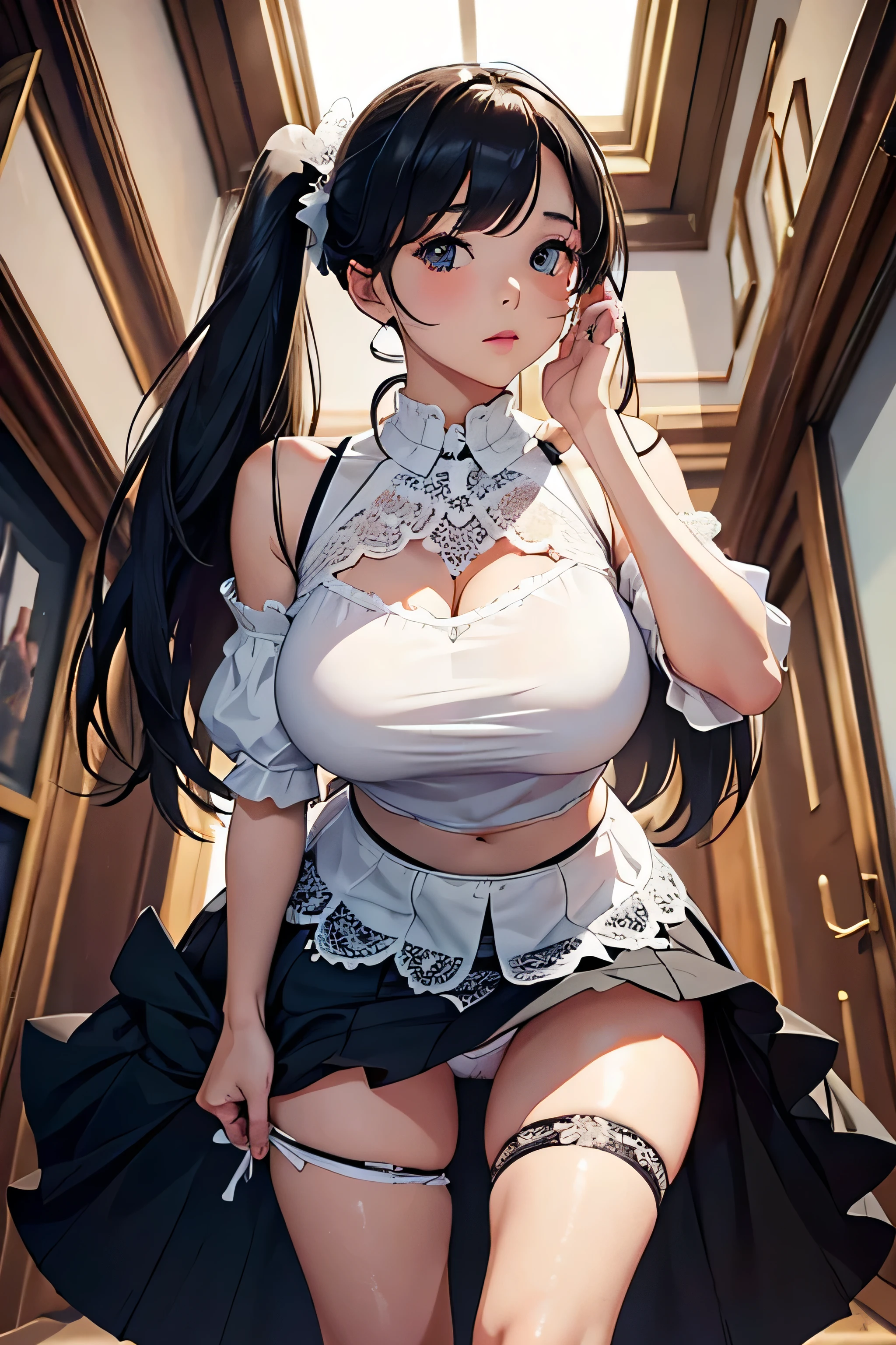Girl seen from the floor, It's okay to wear a skirt, View from below, I can see my panties, medium breasts, ((Very detailed)), (Perfectly detailed face), (Highly detailed hands), Photorealistic images,White panty,up skirt,Lace panties on top of a huge dick