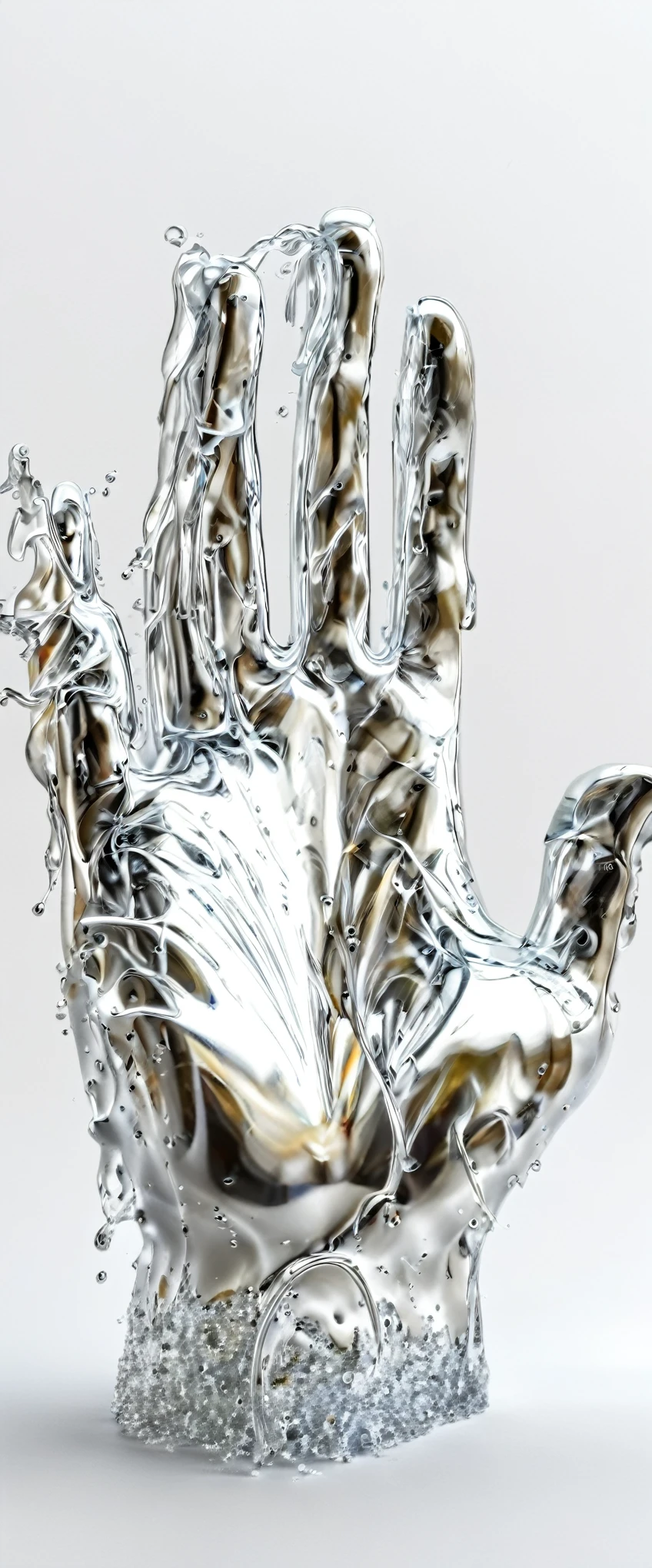 An open palm,Side View,The palm wants to hold the liquid metal,But the liquid metal keeps flowing down,Dripping down in strands,Viscosity,Metallic color,silver white,Blank Background