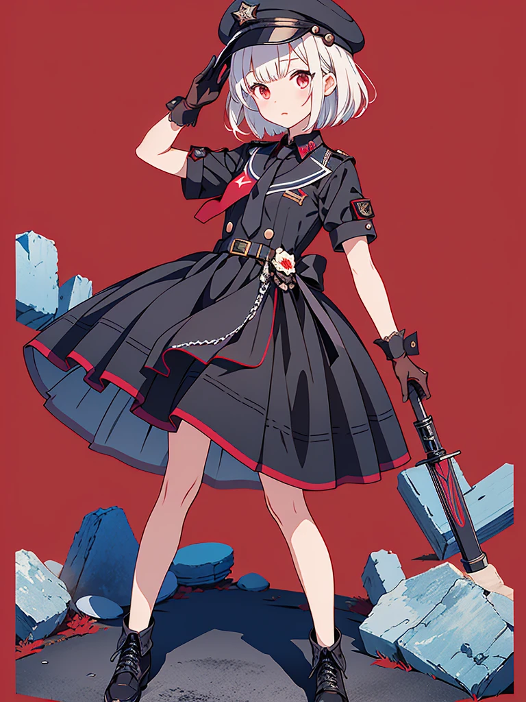 1girl、highest quality、vtuber-fullbody、Milky white short hair、Masterpiece、Official Art、The best composition、Standing in front of the viewer、Simple Background、Black and red gothic military、m1l1t4ry, necktie, black gloves, black dress, peaked cap, puffy dress, short sleeves,