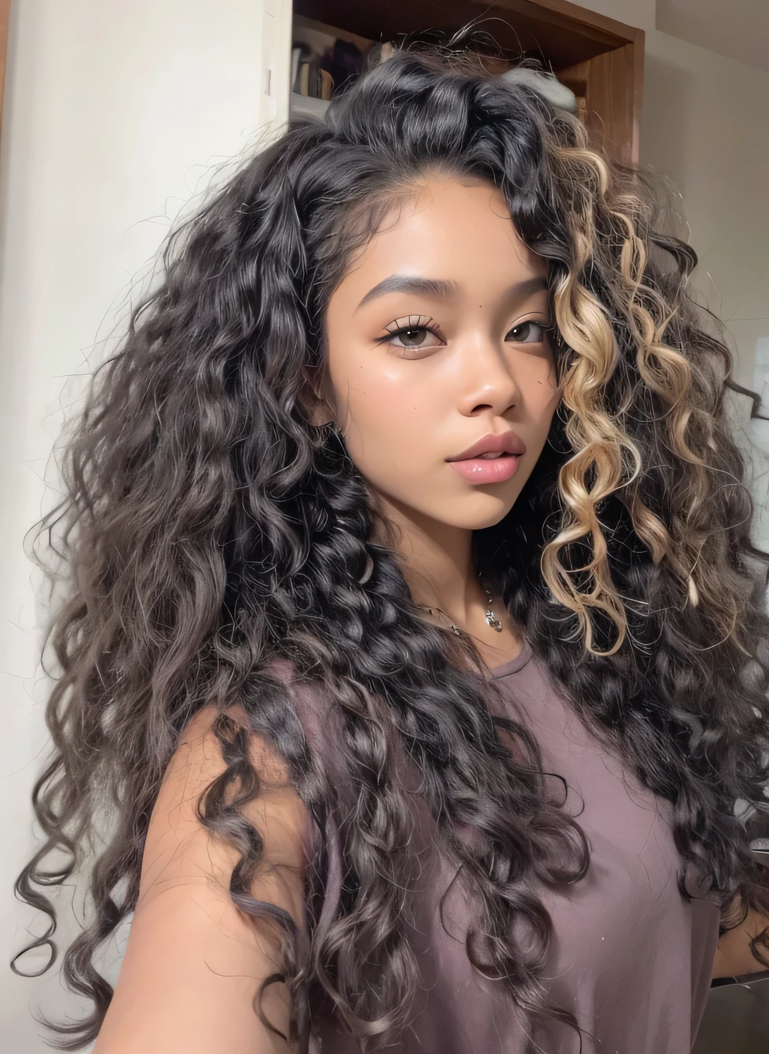 25 year old woman, Caucasian and African American woman, woman with long curly hair, puffy curly hair, long puffy curly hair, selfie photo, iPhone selfie, eyeliner, eye winged eyeliner, eyelash extensions, wearing eyelash extensions, hazel green eyes, has hazel green eyes, wearing black tank top