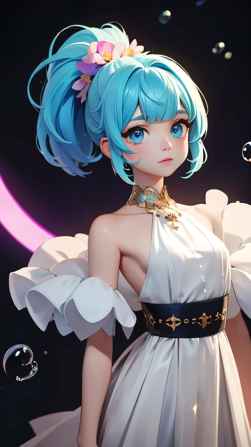 (masterpiece), (highest quality), (Super detailed), (Disheveled Hair), (figure), (One Girl),Small Bust,, (Fashionable clothes), Are standing, Fashion Model, Beholder, (interview), (Simple Background), Beautiful and beautiful eyes, Delicate and beautiful face, floating, (High chroma), (Colorful Splash), Colorful Bubbles, (Shine), Focus on the face, ponytail, Light blue hair, bangs, Hair Ring, floating Flowers, floating Hairs, (The Shining), Best lighting, Best Shadow,Completely naked,topless,
