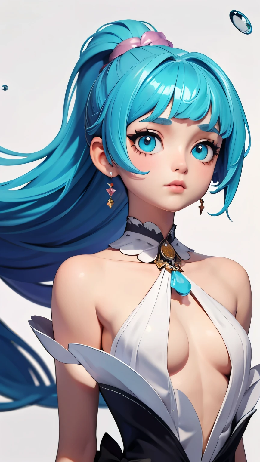 (masterpiece), (highest quality), (Super detailed), (Disheveled Hair), (figure), (One Girl),Small Bust,, (Fashionable clothes), Are standing, Fashion Model, Beholder, (interview), (Simple Background), Beautiful and beautiful eyes, Delicate and beautiful face, floating, (High chroma), (Colorful Splash), Colorful Bubbles, (Shine), Focus on the face, ponytail, Light blue hair, bangs, Hair Ring, floating Flowers, floating Hairs, (The Shining), Best lighting, Best Shadow,Completely naked,topless,