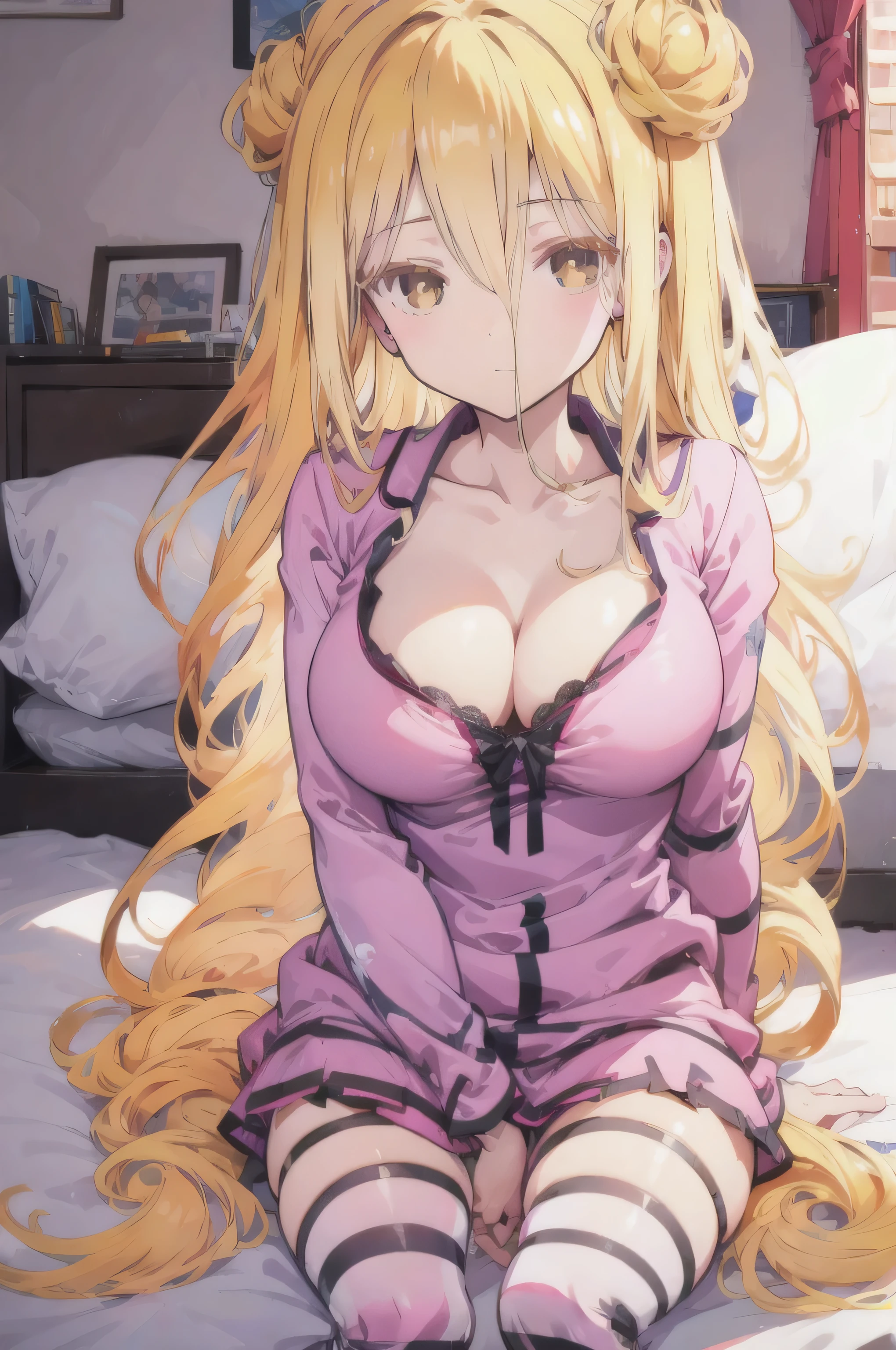 mmukuro,blonde sexy pyjamas on bed , pillow
