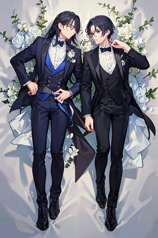 A garden full of blooming flowers、Two friendly young men in suits、One of them has blue hair and a handsome face.、The other wears black-rimmed glasses and has long black hair tied back.。The black-haired one is taller。Both are handsome。