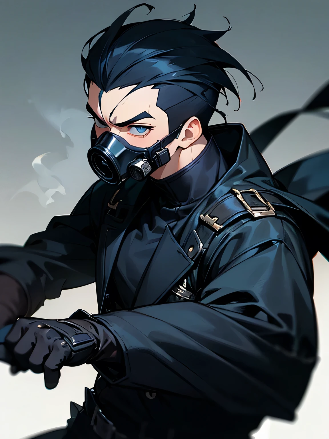 solo,upperbody,male,sideshaved,short spiked deep black blue hair,thin eyes,gas mask,black assassin outfit,handsome face,male face,male nose,fighting stance:0.6,white simple background