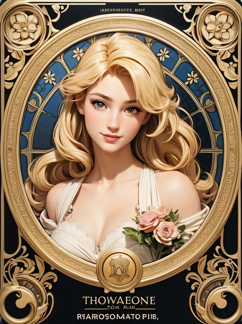 ((masterpiece、highest quality、Very detailed、High resolution、Photorealistic、Sharp focus、Cinema Lighting))、((One Woman、Mid Shot、Face Light))、High contrast、European woman portrait、smile、In underwear、Long Curly Hair、blonde、Tarot Cards、Floral Decoration Frame、Decorative panel、Abstract art、Alphonse Mucha、View your viewers、Detailed hand drawing、Fibonacci