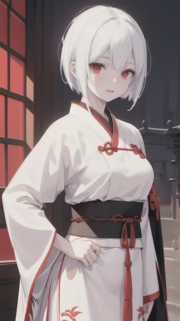 1 girl, detailed white short hair, vivid red eyes, traditional ancient chinese hanfu armor with black and white tiger stripes, black and white dual color dagger, (best quality,8k,highres,masterpiece:1.2),ultra-detailed,(realistic,photorealistic,photo-realistic:1.37),portrait,concept art,cinematic lighting,dramatic shadows,highly saturated colors