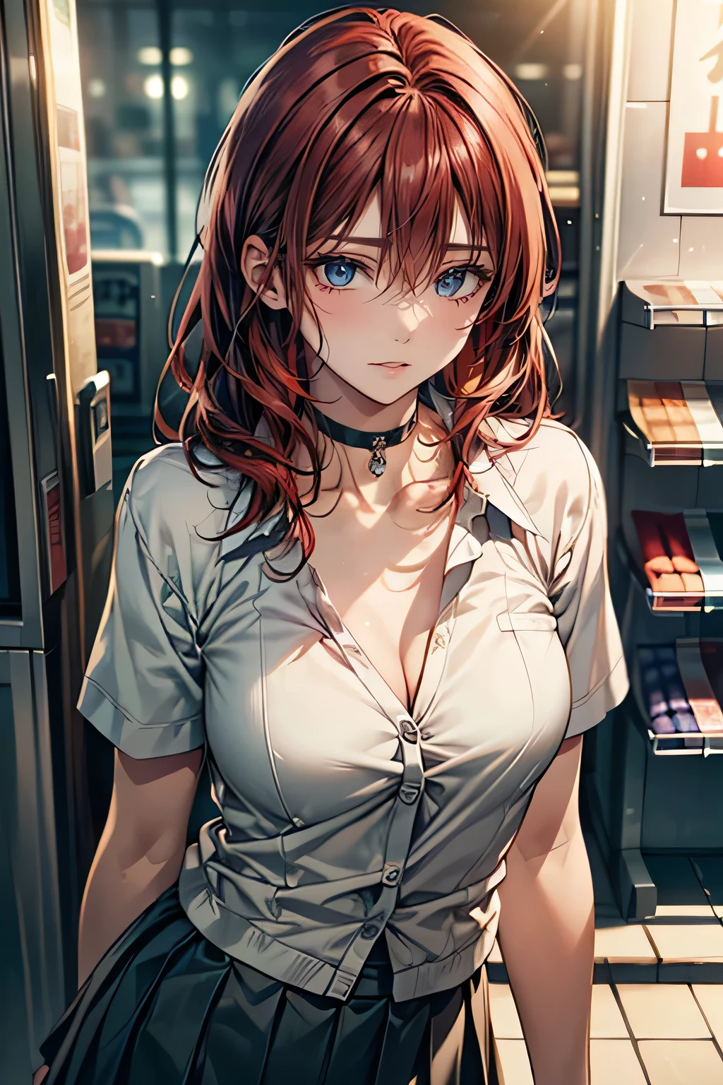 (masterpiece:1.2, highest quality), (Realistic, photoRealistic:1.4), Beautiful illustrations, (Natural Side Lighting, Cinema Lighting),
Looking at the audience, Face Focus, Upper Body, 1 female, Japanese, Perfect Face, Perfect body, Symmetrical cute face, Shiny skin, , Big Breasts:1.4, Hair between the eyes, Emerald green eyes, Captivating thighs, thin,
Beautiful Hair, Beautiful Face, thin and beautiful eyes, Beautiful clavicle, Beautiful body, Beautiful breasts, Beautiful thighs, Beautiful legs, Beautiful fingers, Are standing,(masterpiece:1.2, highest quality), (Realistic, photoRealistic:1.4), Beautiful illustrations, 1 female, Japanese, ((medium red hair:1.5)), blown 髪, bangs, 髪 between eyes, Big Breasts,
beautiful 髪, Beautiful Face, Beautiful and detailed, (blue eyes:1.3), Beautiful clavicle, Beautiful body, Beautiful breasts, Beautiful thighs, Beautiful legs, Beautiful fingers, (Inside a convenience store:1.4),
((Collared short-sleeved shirt, Green pleated skirt, Collarless jacket:1.6, choker)),
(Seductive pose:1.3)