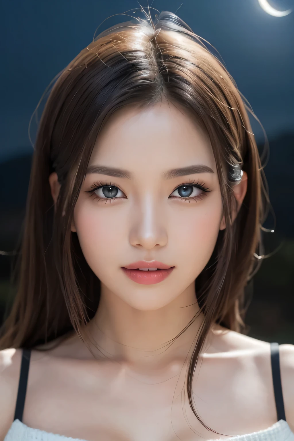 Body portrait, 8K, thin and beautiful eyes, Dindal effect, masterpiece, top quality, high quality, high resolution, very detailed photo, (natural skin texture, fine skin, hyper realism, super sharpness), high detail skin, (very fine), fine skin texture, intricate detail, beautiful face, (realistic face), realistic eyes, beautifully detailed eyes, realistic skin, beautiful skin, surreal, highly detailed Golden ratio, double eyelids, smiling eyes, ((night moonlight background))), body portrait, G cup, big breasts, big breasts, big breasts, glamorous, sexy knit dress,