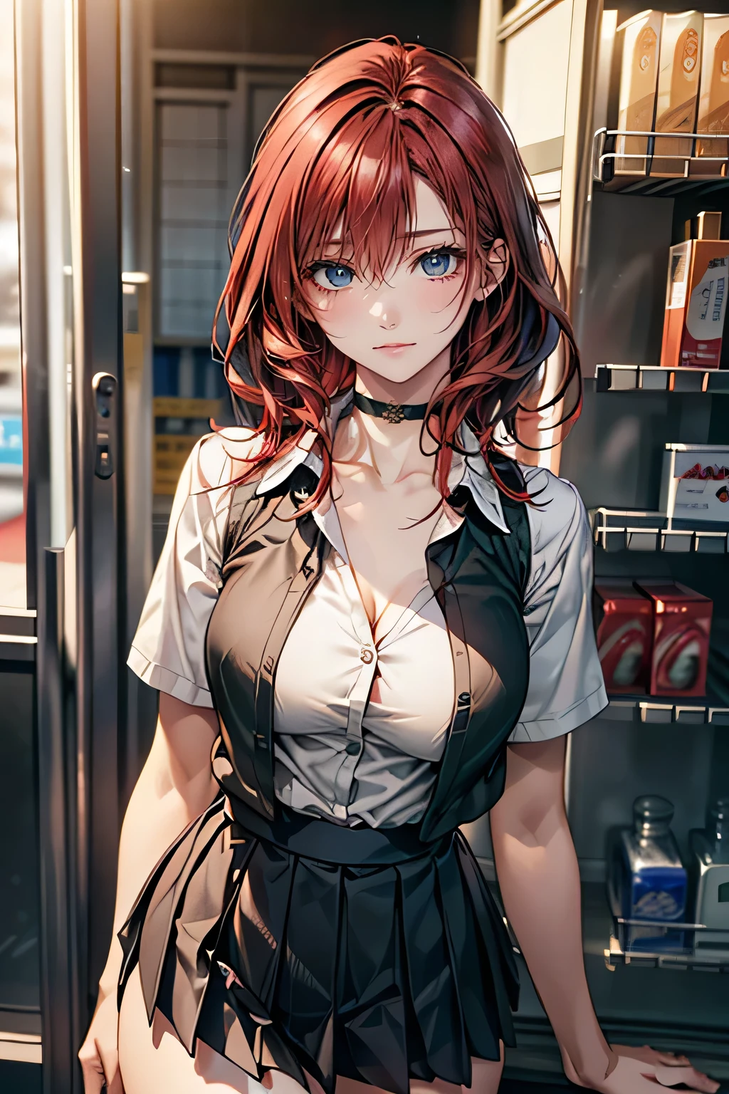 (masterpiece:1.2, highest quality), (Realistic, photoRealistic:1.4), Beautiful illustrations, (Natural Side Lighting, Cinema Lighting),
Looking at the audience, Face Focus, Upper Body, 1 female, Japanese, Perfect Face, Perfect body, Symmetrical cute face, Shiny skin, Baby Face, Big Breasts:1.4, Hair between the eyes, Emerald green eyes, Captivating thighs, thin,
Beautiful Hair, Beautiful Face, thin and beautiful eyes, Beautiful clavicle, Beautiful body, Beautiful breasts, Beautiful thighs, Beautiful legs, Beautiful fingers, Are standing,(masterpiece:1.2, highest quality), (Realistic, photoRealistic:1.4), Beautiful illustrations, 1 female, Japanese, ((medium red hair:1.5)), blown 髪, bangs, 髪 between eyes, Big Breasts,
beautiful 髪, Beautiful Face, Beautiful and detailed, (blue eyes:1.3), Beautiful clavicle, Beautiful body, Beautiful breasts, Beautiful thighs, Beautiful legs, Beautiful fingers, (Inside a convenience store:1.4),
((Collared short-sleeved shirt, Green pleated skirt, Collarless jacket:1.6, choker)),
(Seductive pose:1.3)