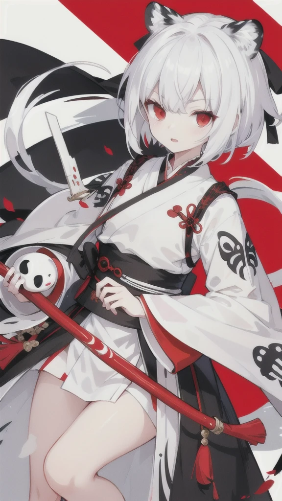 Short white hair,Red eyes,Black and white tiger pattern Hanfu armor,Black and white dagger