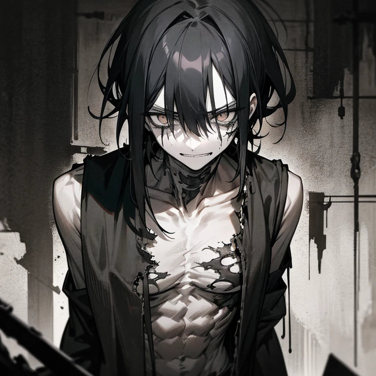entity, masculine, adolescent, black and white, white eyes without pupils, shirtless, athletic body, manga style, black aura coming out of his entire body, angry face, intimidating, Closed mouth, without upper garments, wounds, anime, 4k, White background