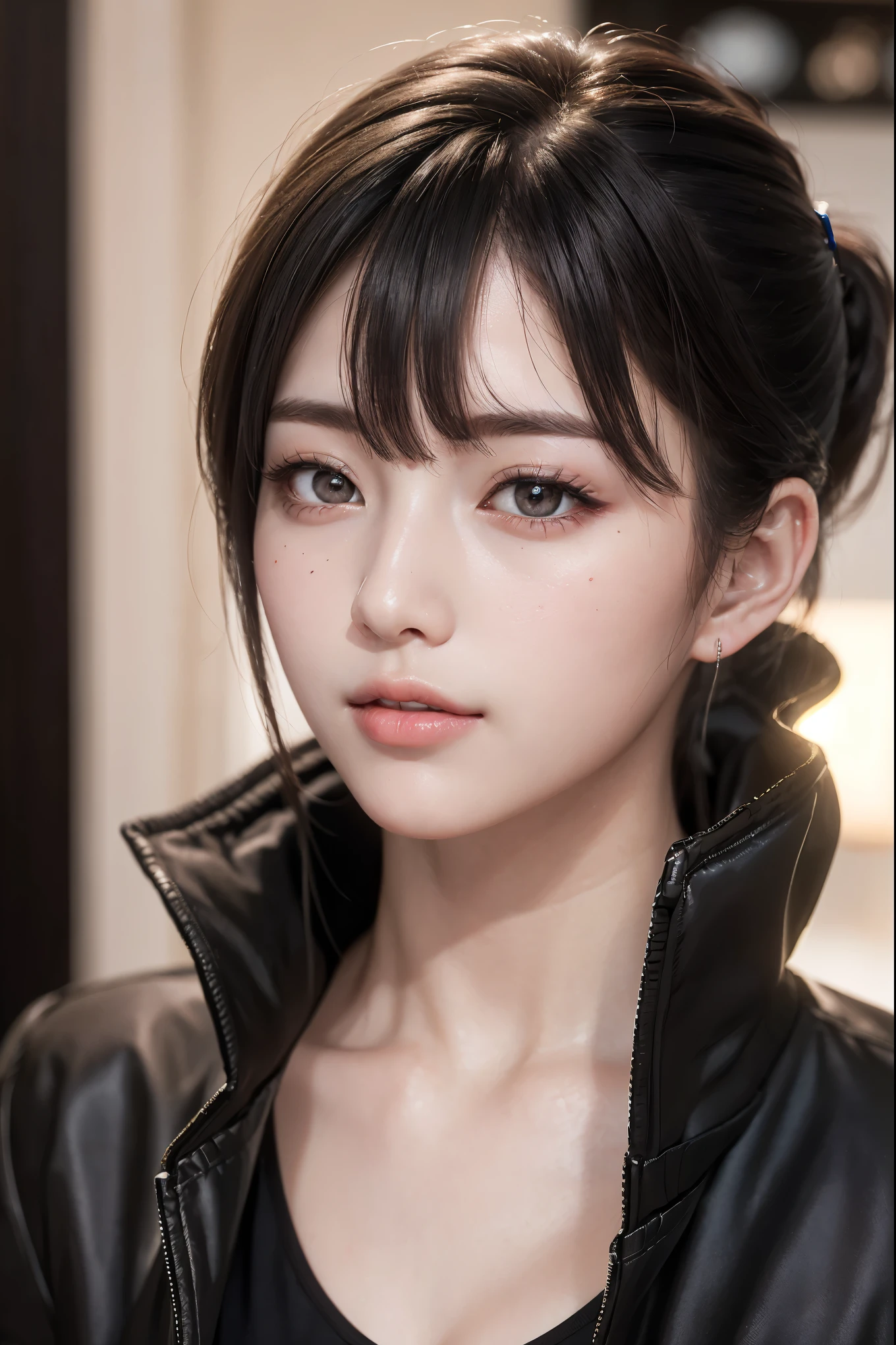 Cowboy Shot, (highest quality:1.4), 32K resolution, (Realistic:1.5), (Ultra-realistic:1.5), High resolution UHD, (masterpiece:1.2), (Improvement of quality:1.4), 1. woman, Supermodel, ************, Perfect Anatomy:1.37, Japanese woman, Japanese , (((Browsing Caution))), A shy smile, Delicate clavicle, ((Black jacket:1.37)), Symmetrical eyes, Thin lashes, Sharpen your eyebrows, Detailed lips:1.21, [Pink lipstick:0.8], (Detailed nose:1.2), Perfect composition, ((Pale skin:1.1)), ((dry skin)), (the most absurd quality perfect eyes:1.25), ((clear no blur and sharp perfect round realistic dark black_eyes:1.35)), super details:1.32), ((finely detailed pupils:1.32)), (tired, Sleepy and satisfied:0.0), (Beautiful Lips:1.33), (Great nose:1.2), (Large Breasts), (Slim lower body), (Low ponytail hair:1.21), Let your bangs hang long, ((Realistic)), ((Sharp focus)), (Highest Resolution), dramatic cinematographic lighting,