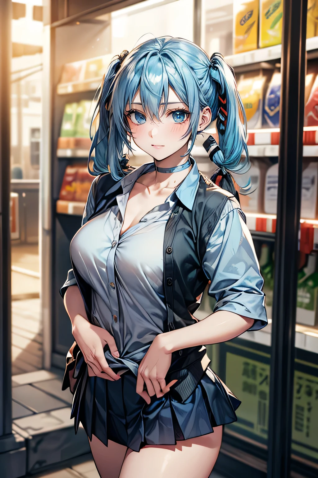 (masterpiece:1.2, highest quality), (Realistic, photoRealistic:1.4), Beautiful illustrations, (Natural Side Lighting, Cinema Lighting), 
Looking at the audience, Face Focus, Upper Body, 1 female, Japanese, Perfect Face, Perfect body, Symmetrical cute face, Shiny skin, Baby Face, Big Breasts:1.4, Hair between the eyes, Emerald green eyes, Captivating thighs, thin, 
Beautiful Hair, Beautiful Face, thin and beautiful eyes, Beautiful clavicle, Beautiful body, Beautiful breasts, Beautiful thighs, Beautiful feet, Beautiful fingers, Are standing,(masterpiece:1.2, highest quality), (Realistic, photoRealistic:1.4), Beautiful illustrations, 1 female, Japanese, ((Light blue hair:1.5, Twin tails:1.7)), blown 髪, bangs, 髪 between eyes, Big Breasts, 
beautiful 髪, Beautiful Face, Beautiful and exquisite, (blue eyes:1.3), Beautiful clavicle, Beautiful body, Beautiful breasts, Beautiful thighs, Beautiful feet, Beautiful fingers, (Inside a convenience store:1.4),
((Collared short-sleeved shirt, Green pleated skirt, Collarless jacket:1.6, choker)), 
(Seductive pose:1.3)
