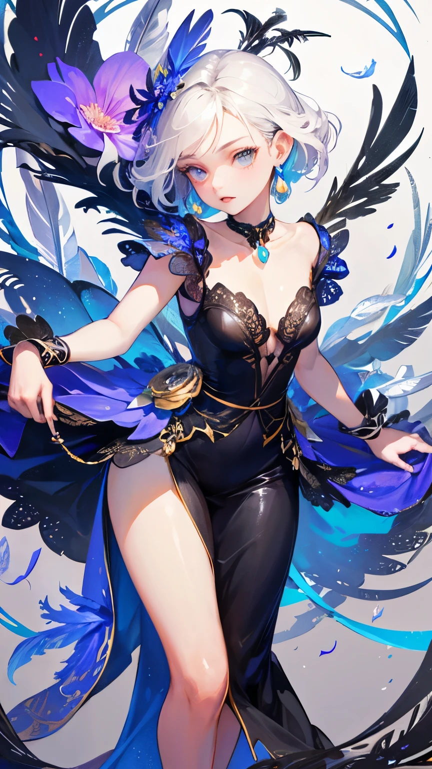 Small breasts, Expose your shoulders, short hair, (オパールの輝きのfeather), metal ornaments, colored Flowers, (Mercury particles), (Mercury Vortex), Light, (masterpiece, highest quality, Official Art, beautifully、beautiful: 1.2), (1 female: 1.3), Very detailed, (Fractal Art: 1.2), (Black gradient: 1.1) (Flowers: 1.3), Best details, (Tangled: 1.2), (Dynamic pose), (Abstract background: 1.3) , (Shiny skin), (Earrings: 1.4), (feather: 1.4)、((Opal Color Background))、((Blank Background))、