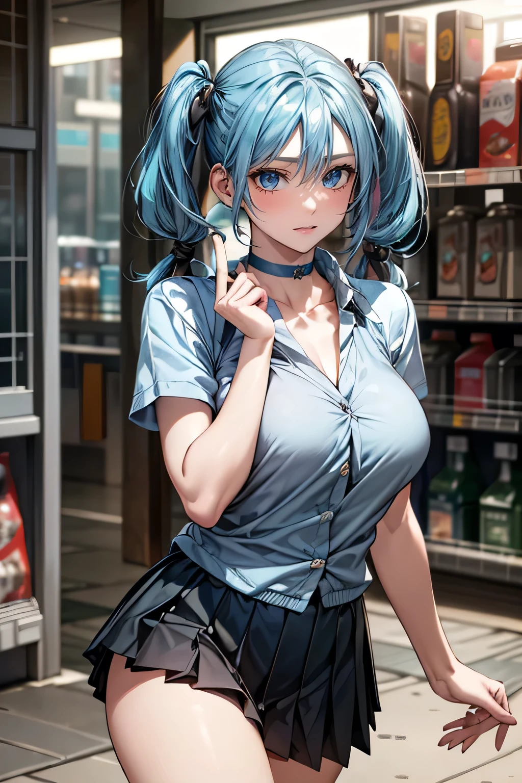 (masterpiece:1.2, highest quality), (Realistic, photoRealistic:1.4), Beautiful illustrations, (Natural Side Lighting, Cinema Lighting), 
Looking at the audience, Face Focus, Upper Body, 1 female, Japanese, Perfect Face, Perfect body, Symmetrical cute face, Shiny skin, Baby Face, Big Breasts:1.4, Hair between the eyes, Emerald green eyes, Captivating thighs, thin, 
Beautiful Hair, Beautiful Face, thin and beautiful eyes, Beautiful clavicle, Beautiful body, Beautiful breasts, Beautiful thighs, Beautiful feet, Beautiful fingers, Are standing,(masterpiece:1.2, highest quality), (Realistic, photoRealistic:1.4), Beautiful illustrations, 1 female, Japanese, ((Light blue hair:1.5, Twin tails:1.7)), blown 髪, bangs, 髪 between eyes, Big Breasts, 
beautiful 髪, Beautiful Face, Beautiful and exquisite, (blue eyes:1.3), Beautiful clavicle, Beautiful body, Beautiful breasts, Beautiful thighs, Beautiful feet, Beautiful fingers, (Inside a convenience store:1.4),
((Collared short-sleeved shirt, Green pleated skirt, Collarless jacket:1.6, choker)), 
(Seductive pose:1.3)