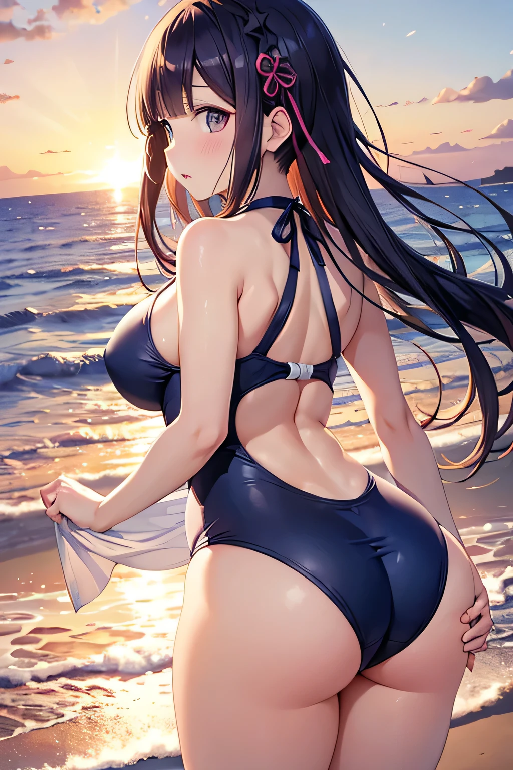 Re:ZERO -Starting from Zero-、Put on a swimsuit and make her plump、Big、From a bottom-up angle, spread your ass and face me、Seaside Sunset