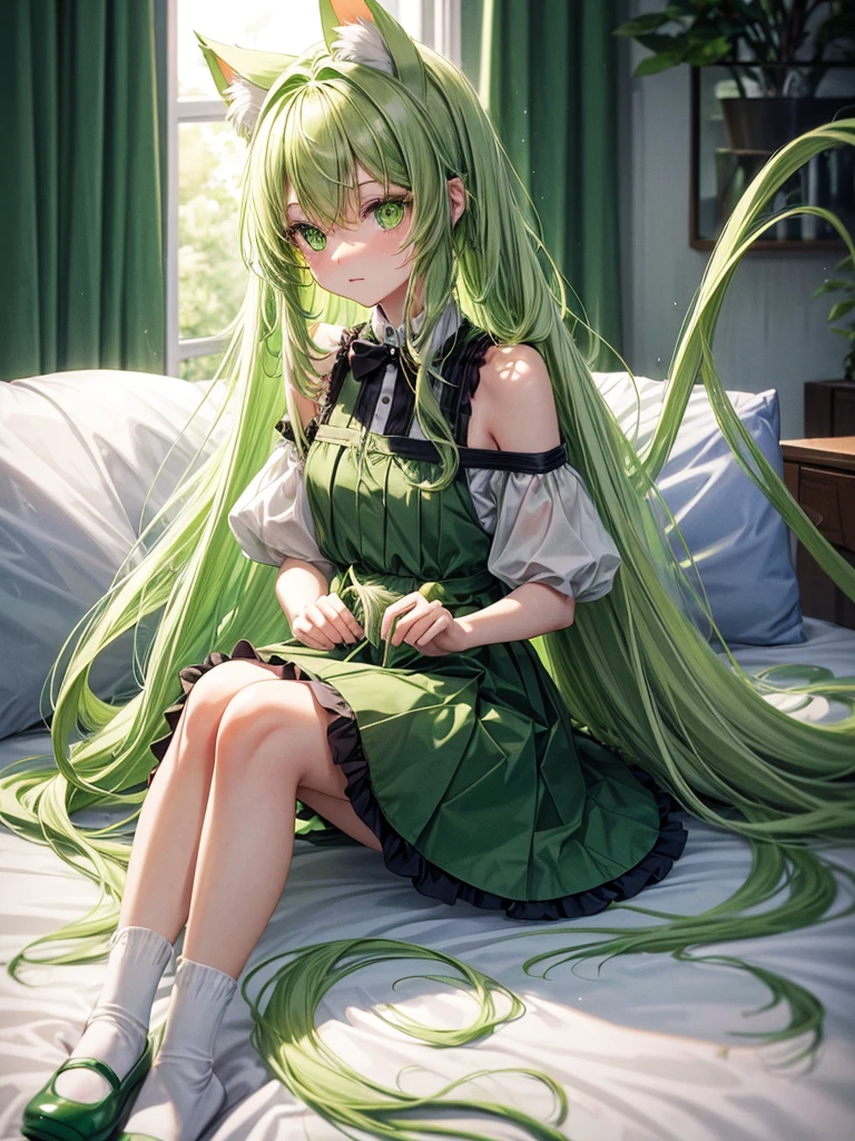 Long green hair,green eyes,loli,little girl,dress