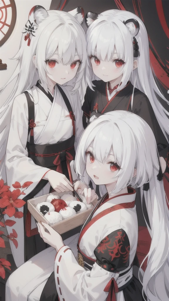 Short white hair,Red eyes,Black and white tiger pattern Hanfu armor,Black and white dagger,Gemini