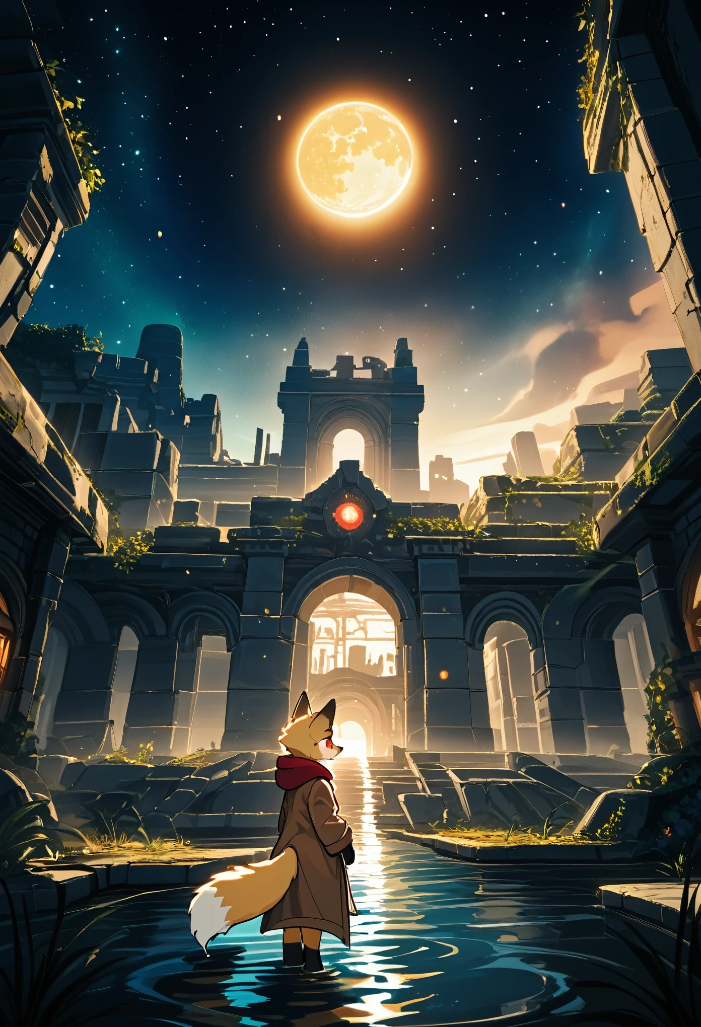 masterpiece, best quality, 4K,Ultra-delicate, Shota the fox, solo, Skin fur, Golden fur, Golden yellow face fur, Red eyes, Brown elements on fur, Brown coat brown hood up, Beautiful lights and shadows, Ambient light, Ultra-fine fur, natural lighting, Fluffy tail, Dilapidated building, Plant elements in ruins, Night, starry sky, Shiny hair(moon full, meteors)Star cloud, Warm light source, Rained, wet clothes(overcast sky, Standing downpour)Extra-long sleeves, Purple and orange, Complicated details, Volumetric lighting, Dynamic configuration, luminous lighting, Atmospheric lighting, dream magical, magic, Glowing light,