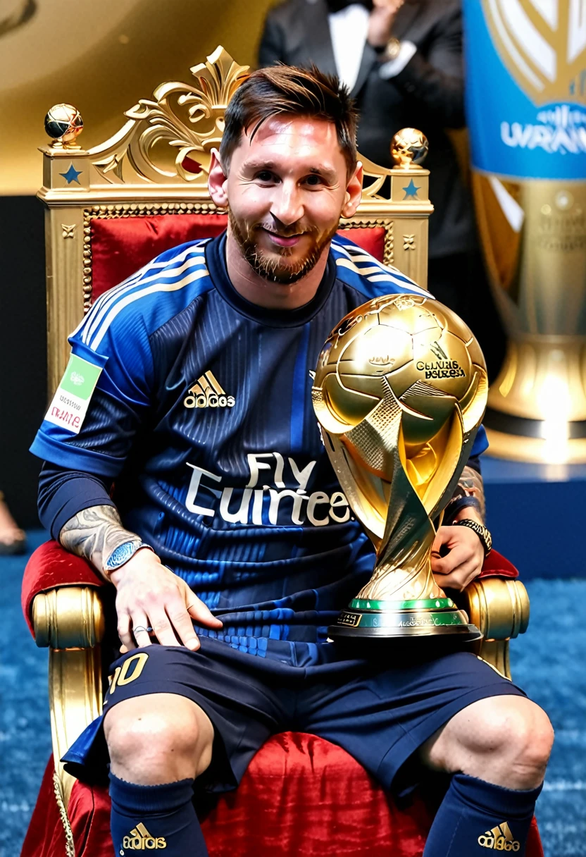 Lionel Messi, the king of football, sits on a throne, holds the World Cup trophy, has the Ballon d'Or trophy.  8 periods below