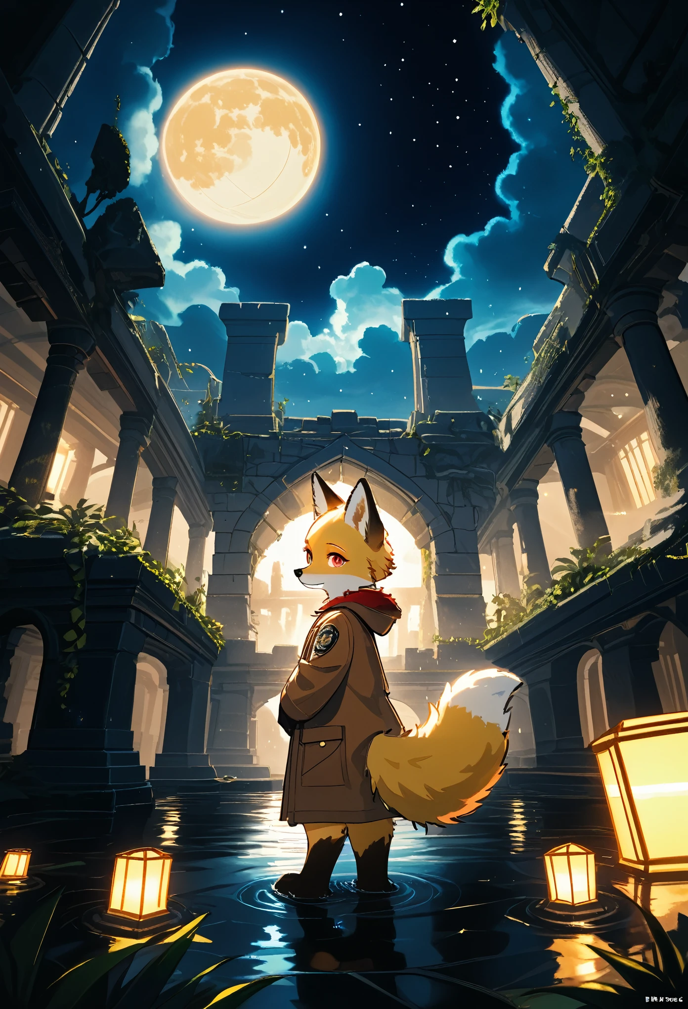 masterpiece, best quality, 4K，Ultra-delicate, Shota the fox, solo, Skin fur, Golden fur, Golden yellow face fur, Red eyes, Brown elements on fur, Brown coat brown hood up, Beautiful lights and shadows, Ambient light, Ultra-fine fur, natural  lighting, Fluffy tail, Dilapidated building, Plant elements in ruins, Night, starry sky, Shiny hair(moon full, meteors)Star cloud, Warm light source, Rained, wet clothes(overcast sky, Standing downpour)Extra-long sleeves, Purple and orange, Complicated details, Volumetric lighting, Dynamic configuration, luminous lighting, Atmospheric lighting, dream magical, magic, Glowing light,