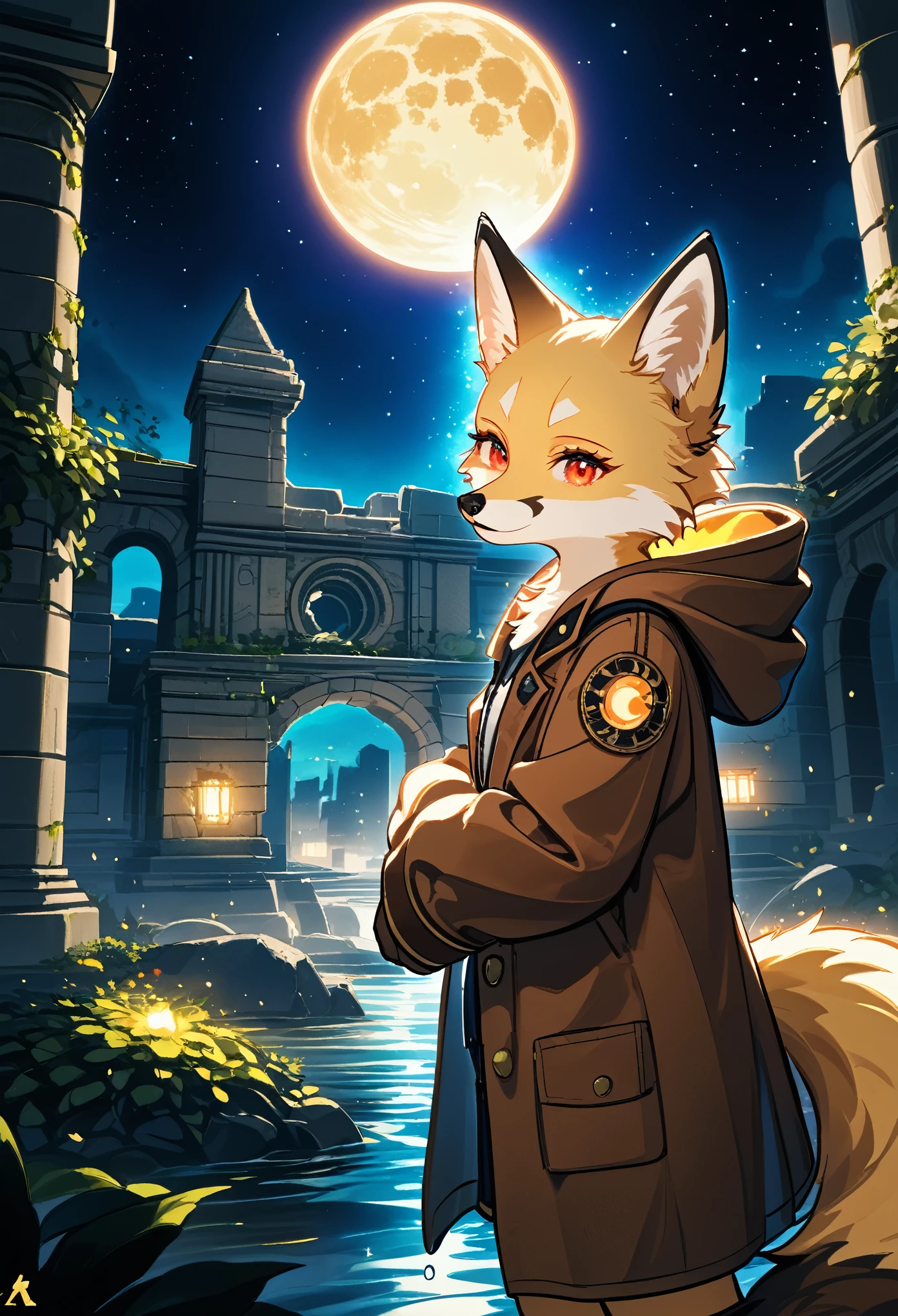 masterpiece, best quality, 4K,Ultra-delicate, Shota the fox, solo, Skin fur, Golden fur, Golden yellow face fur, Red eyes, Brown elements on fur, Brown coat brown hood up, Beautiful lights and shadows, Ambient light, Ultra-fine fur, natural lighting, Fluffy tail, Dilapidated building, Plant elements in ruins, Night, starry sky, Shiny hair(moon full, meteors)Star cloud, Warm light source, Rained, wet clothes(overcast sky, Standing downpour)Extra-long sleeves, Purple and orange, Complicated details, Volumetric lighting, Dynamic configuration, luminous lighting, Atmospheric lighting, dream magical, magic, Glowing light,