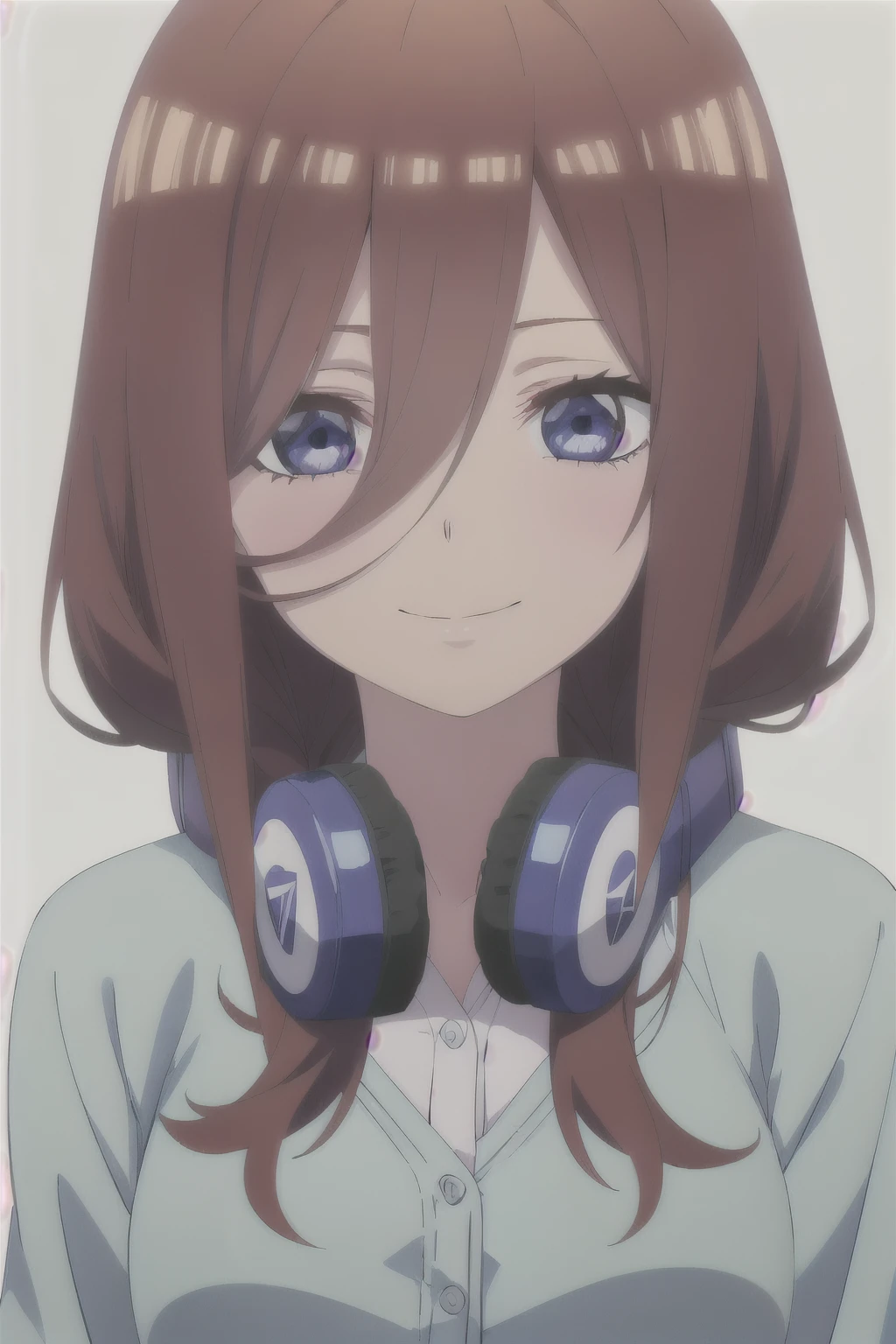 solo, 1girl, looking at viewer, 2D, anime, anime coloring, upper body, (solid white background:1.3), miku nakano, cardigan, headphones around neck, looking at viewer, smile
