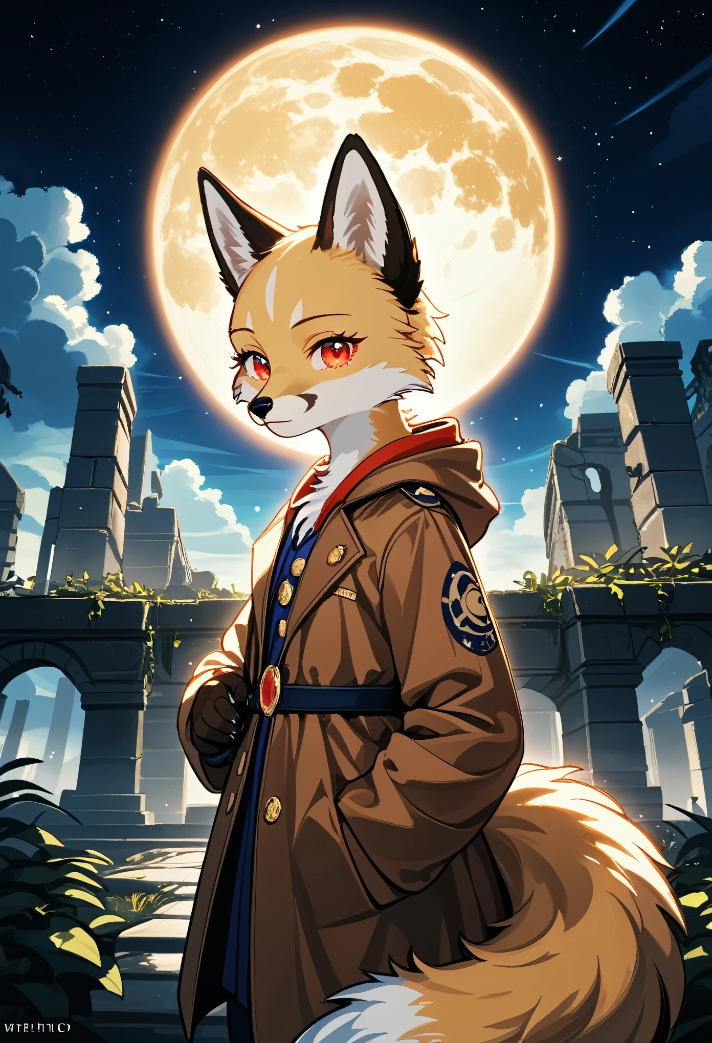 masterpiece, best quality, 4K，Ultra-delicate, Shota the fox, solo, Skin fur, Golden fur, Golden yellow face fur, Red eyes, Brown elements on fur, Brown coat brown hood up, Beautiful lights and shadows, Ambient light, Ultra-fine fur, natural  lighting, Fluffy tail, Dilapidated building, Plant elements in ruins, Night, starry sky, Shiny hair(moon full, meteors)Star cloud, Warm light source, Rained, wet clothes(overcast sky, Standing downpour)Extra-long sleeves, Purple and orange, Complicated details, Volumetric lighting, Dynamic configuration, luminous lighting, Atmospheric lighting, dream magical, magic, Glowing light,