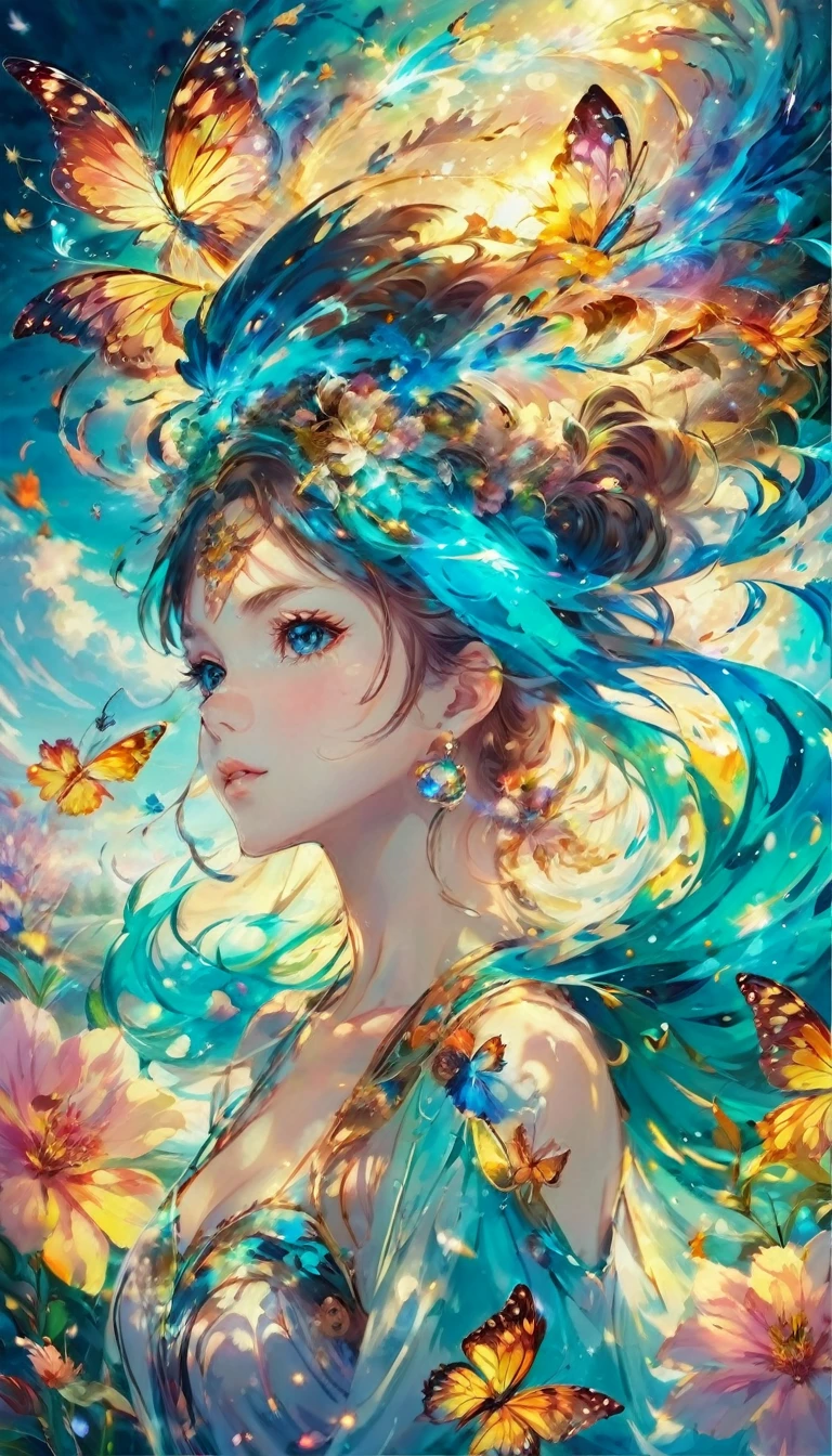 (masterpiece, highest quality:1.2),Wind Spirit,girl::perfect face,dance,butterfly々,flower,Wind,effect,be familiar with,magic effect,light,Very light, artistic, artist, color art, Use of magic,fancy,fantasy,beautiful,The best masterpiece,masterpiece,Sparkling,rich colors,colorful,Cast a colorful spell,be familiar with,Beautiful light and shadow,Sounds like fun, doesn't it?,anatomically correct,Wind effect,dream-like,fantasy,mysterious,Lakeside