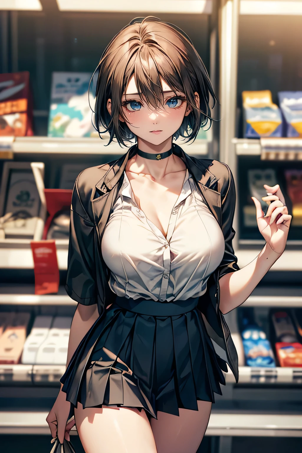 (masterpiece:1.2, highest quality), (Realistic, photoRealistic:1.4), Beautiful illustrations, (Natural Side Lighting, Cinema Lighting), 
Looking at the audience, Face Focus, Upper Body, 1 female, Japanese, Perfect Face, Perfect body, Symmetrical cute face, Shiny skin, , Big Breasts:1.4, Hair between the eyes, Emerald green eyes, Captivating thighs, thin, 
Beautiful Hair, Beautiful Face, thin and beautiful eyes, Beautiful clavicle, Beautiful body, Beautiful breasts, Beautiful thighs, Beautiful feet, Beautiful fingers, Are standing,(masterpiece:1.2, highest quality), (Realistic, photoRealistic:1.4), Beautiful illustrations, 1 female, Japanese, ((short hair:1.5)), blown 髪, bangs, 髪 between eyes, Big Breasts, 
beautiful 髪, Beautiful Face, Beautiful and exquisite, (blue eyes:1.3), Beautiful clavicle, Beautiful body, Beautiful breasts, Beautiful thighs, Beautiful feet, Beautiful fingers, (Inside a convenience store:1.4),
((Collared short-sleeved shirt, Green pleated skirt, Collarless jacket:1.6, choker)), 
(Seductive pose:1.3)