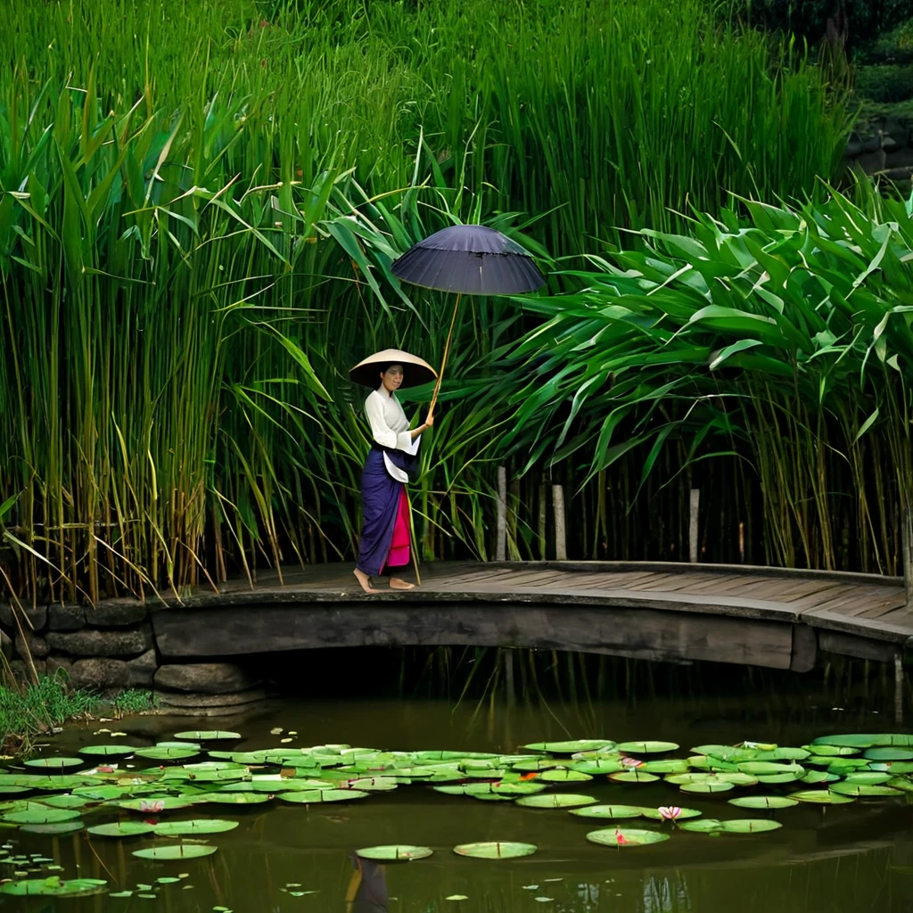 Lotus Pond，Small bridge，Woman holding an oil-paper umbrella，HD