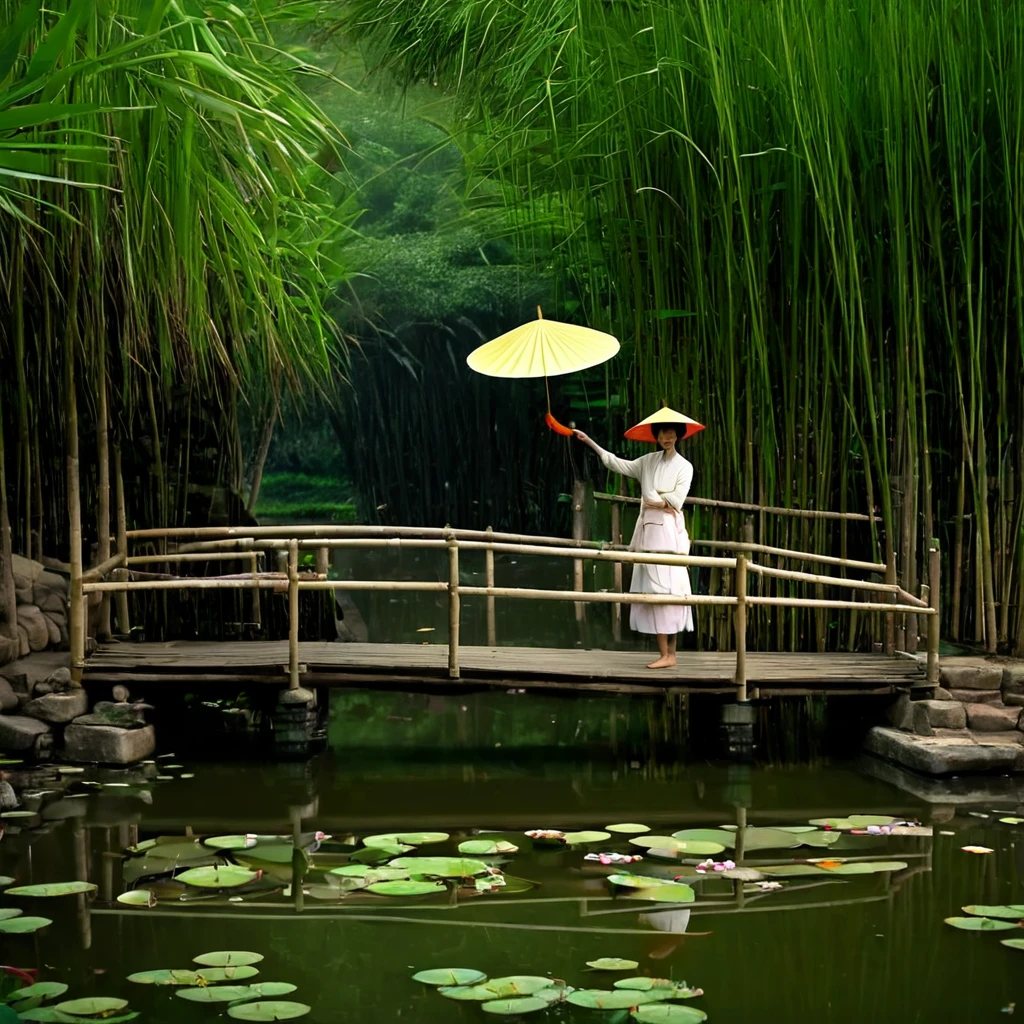 Lotus Pond,Small bridge,Woman holding an oil-paper umbrella,HD