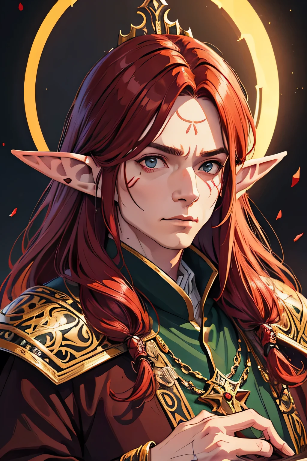 man, a middle-aged man with long red hair, elf ears, wearing a priest's robe, extremely detailed face, intricate ornate details, ornate decoration, rich vibrant colors, dramatic lighting, cinematic composition, epic fantasy art, digital painting, hyper detailed, 8k, best quality, masterpiece