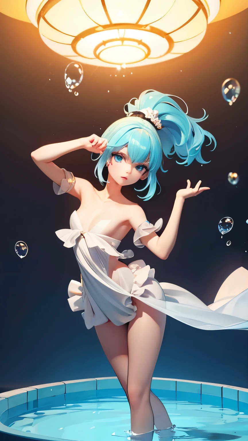(masterpiece), (highest quality), (Super detailed), (Disheveled Hair), (figure), (One Girl),Small Bust,, (Fashionable clothes), Are standing, Fashion Model, Beholder, (interview), (Simple Background), Beautiful and beautiful eyes, Delicate and beautiful face, floating, (High chroma), (Colorful Splash), Colorful Bubbles, (Shine), Focus on the face, ponytail, Light blue hair, bangs, Beautiful slim body line,Thin legs,Hair Ring, floating Flowers, floating Hairs, (The Shining), Best lighting, Best Shadow,Completely naked,topless,