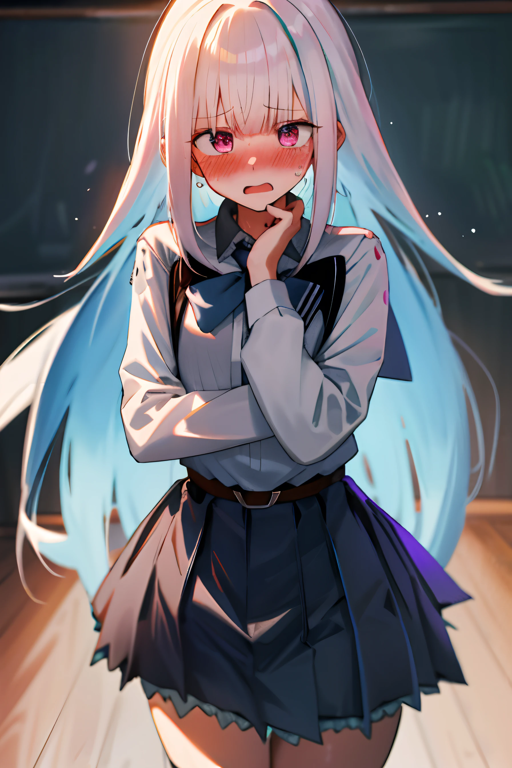 One girl with long hair, white hair, looking away, embarrassed, blushing, mouth open, classroom, white tight shirt, mini black skirt, thigh , , necktie, ear blush, all hands in waist, mature female, close up, sweating