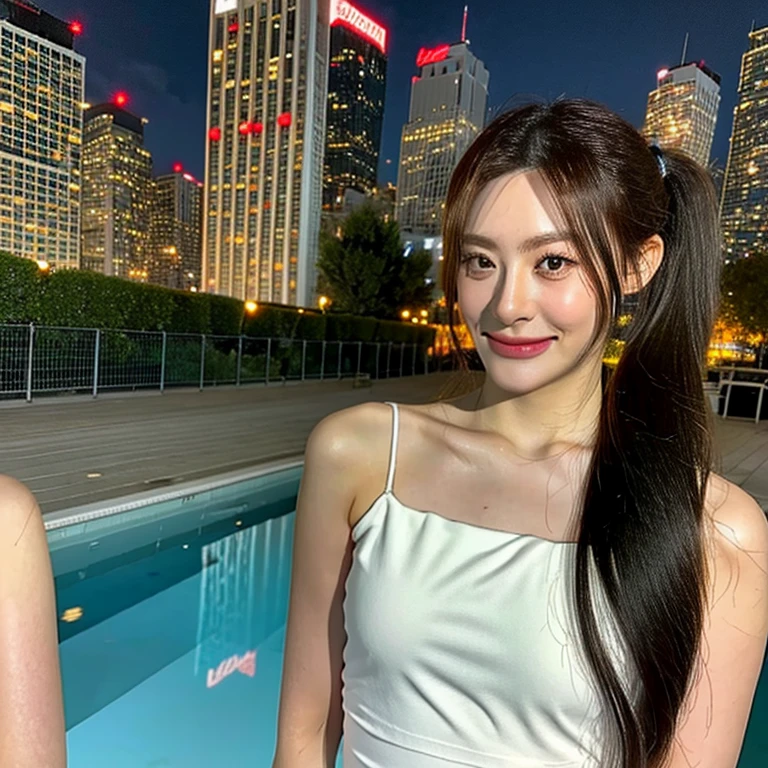 Leica m6 RAW photo,8k ,Fujifilm XT3,close up photo, masterpiece, best quality, 1girl,solo,realistic, photorealistic, (extremely detailed face), looking at viewer,  ultra-detailed eyes and pupils, ultra detailed, high ponytail, smiling, happy expression, standing against a skyline pools at night, transparent cropped camisole, white high-cut pantie,