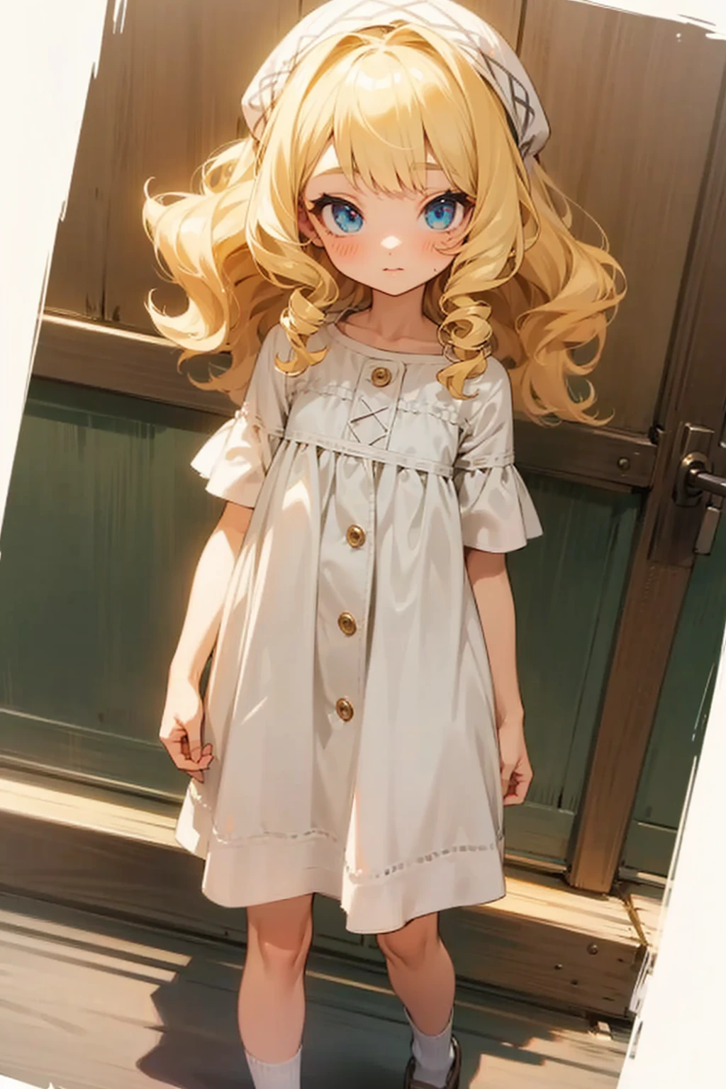 Caucasian girl with blonde curly hair, Cute clothes、