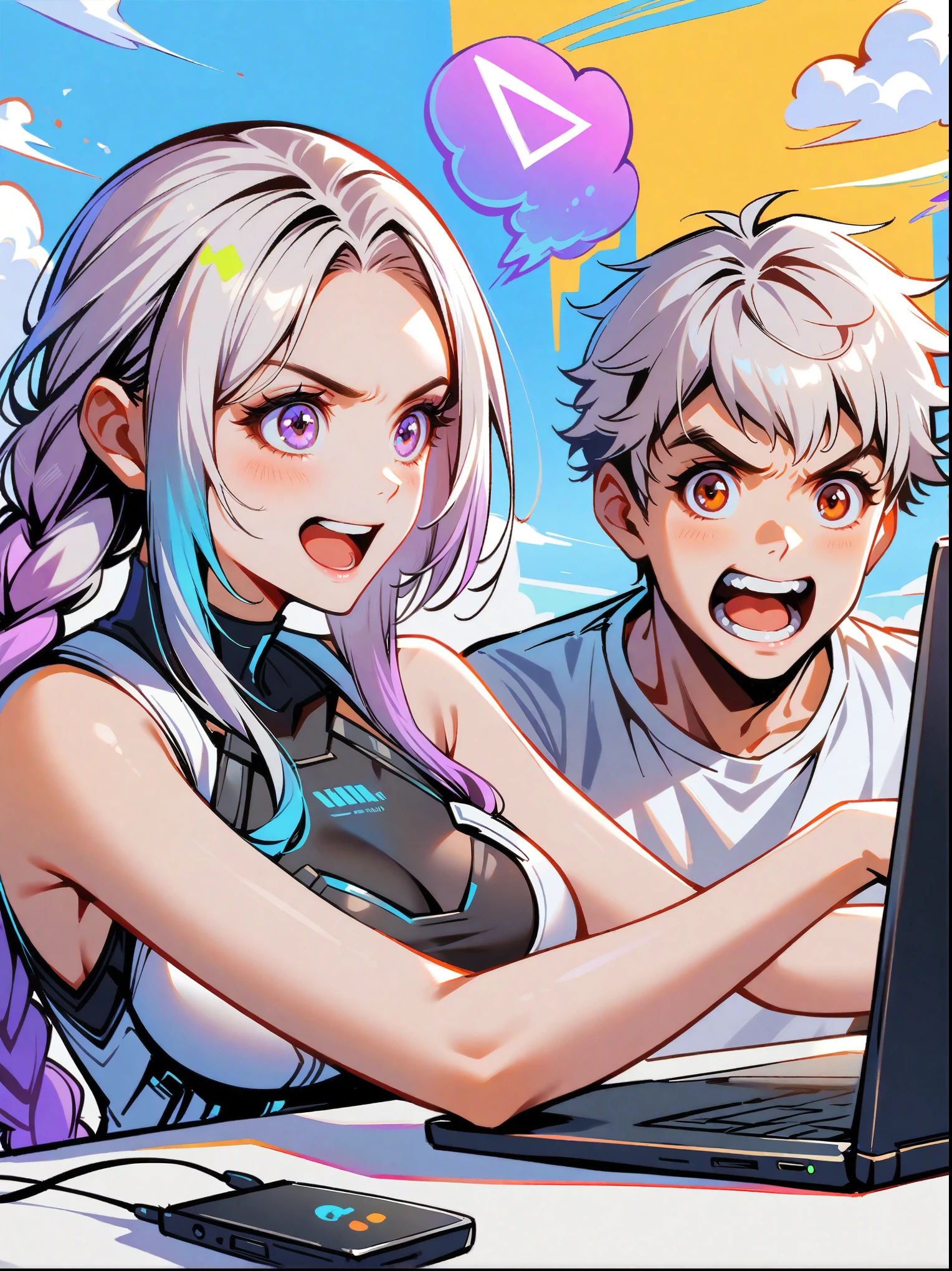 1yj1, 1girl, 1boy, dream,office,laptop,play games,Excited,yinji,Anatomically correct,Simple and elegant,Smooth line strokes,Bright colors,Ultra high saturation,panoramic,Wide Angle