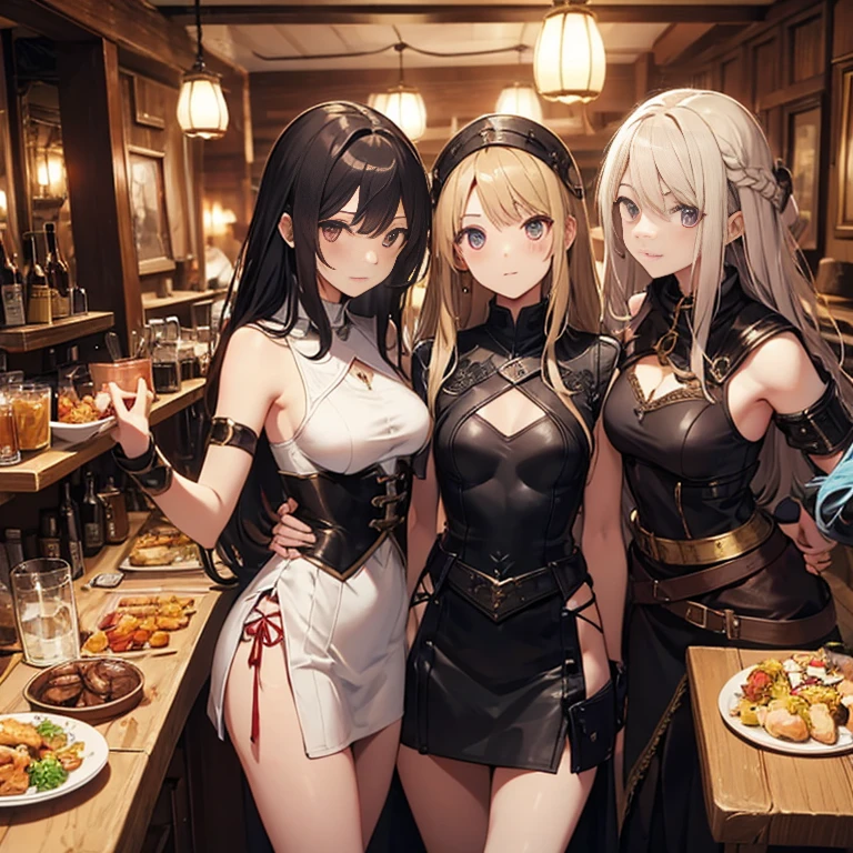 A group of  female medieval fantasy adventurers, (in tavern), various hair styles, harem, night, details face, short skirt, seducing, sleeveless, armor 