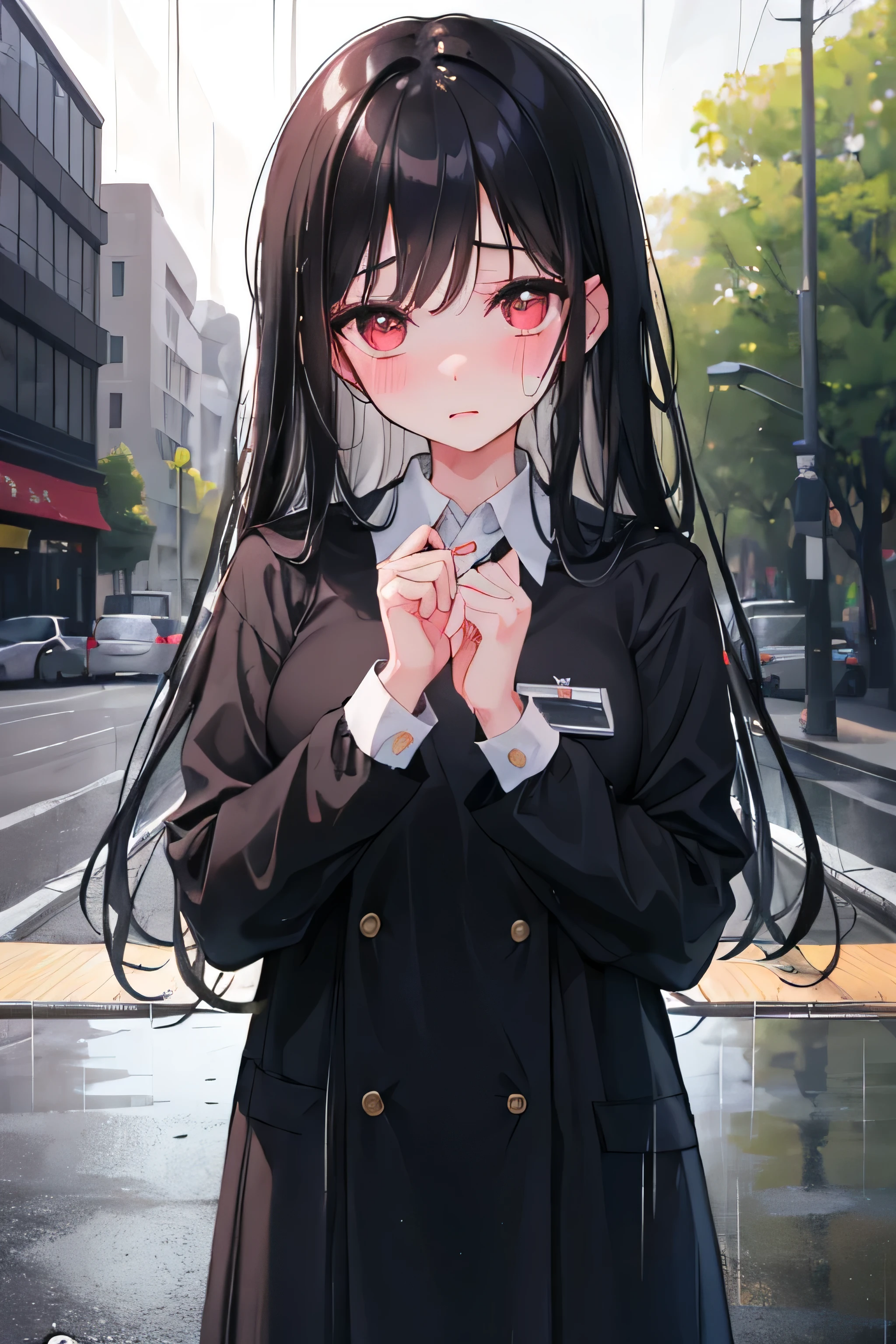 One girl, Long black hair, uniform, shy, blush, Wet, rain, transparent, (masterpiece, highest quality), Soft Light, Structure of the film, Cinematic Light