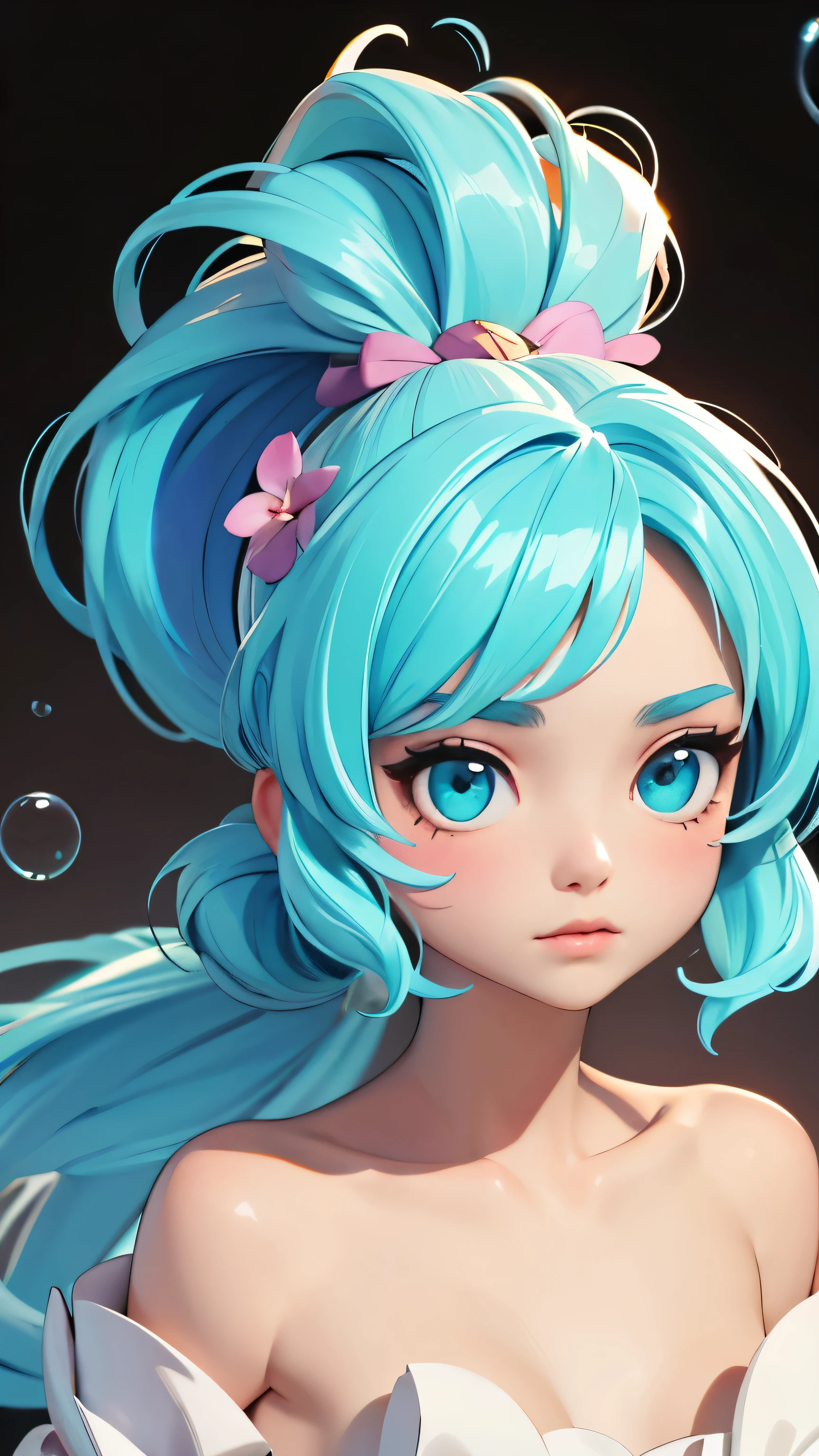 (masterpiece), (highest quality), (Super detailed), (Disheveled Hair), (figure), (One Girl),Small Bust,, (Fashionable clothes), Are standing, Fashion Model, Beholder, (interview), (Simple Background), Beautiful and beautiful eyes, Delicate and beautiful face, floating, (High chroma), (Colorful Splash), Colorful Bubbles, (Shine), Focus on the face, ponytail, Light blue hair, bangs, Hair Ring, floating Flowers, floating Hairs, (The Shining), Best lighting, Best Shadow,Completely naked,topless,