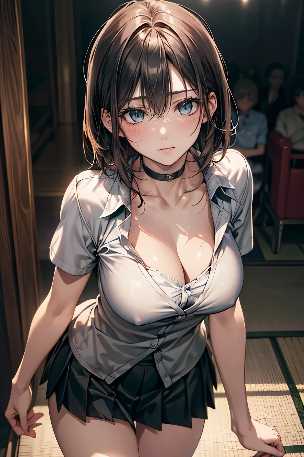 (masterpiece:1.2, highest quality), (Realistic, photoRealistic:1.4), Beautiful illustrations, (Natural Side Lighting, Cinema Lighting),
Looking at the audience, Face Focus, Upper Body, 1 female, Japanese, Perfect Face, Perfect body, Symmetrical cute face, Shiny skin, , Big Breasts:1.4, Hair between the eyes, Emerald green eyes, Captivating thighs, thin,
Beautiful Hair, Beautiful Face, thin and beautiful eyes, Beautiful clavicle, Beautiful body, Beautiful breasts, Beautiful thighs, Beautiful feet, Beautiful fingers, Are standing,(masterpiece:1.2, highest quality), (Realistic, photoRealistic:1.4), Beautiful illustrations, 1 female, Japanese, blown 髪, bangs, 髪 between eyes, Big Breasts,
beautiful 髪, Beautiful Face, Beautiful and exquisite, Beautiful clavicle, Beautiful body, Beautiful breasts, Beautiful thighs, Beautiful feet, Beautiful fingers,
((Collared short-sleeved shirt, Green pleated skirt, Collarless jacket:1.6, choker)),
(Seductive pose:1.3)