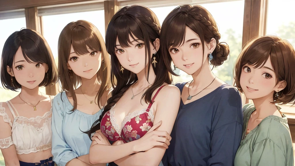 (highest quality、masterpiece、High resolution)、(Sargent-style watercolor)、(Anime Art)、Old school building、Old classroom、School in a wooden school building、Flowers Bloom、((Multiple women、Everyone is standing, Alongside))、(Detailed depiction of a beautiful face)、A kind smile、Medium Short Hair、Dark Brown Hair、Braiding、Soft sunlight、White bra and underwear set、Black bra and underwear set、Red bra and underwear set、Blue bra and underwear set、Wearing a purple bra and underwear set,Orange bra and underwear set、Floral bra(1.8)、Floral underwear(1.8)、T-back shorts(1.8)。whole bodyが写る(1.8)See-through bra(1.8)
information(highest quality:1.2)、Very detailed、High resolution、masterpiece:1,2、Bright colors、Bokeh、Professional Lighting、Physically Based Rendering、Flat Color:0.8、Fine Illustration、Realistic:1.37、Makoto Shinkai style、Name Style、Light Brown Hair、Elegant update、Short Bob、、Laugh together、Dynamic poselip、cheek(Dark Brown Hair/)bangs、cheek(direction)、(最高masterpiece1.2)繊細なイラストVery detailed、Break Blue Sky、Detailed Background、20-year-old female、whole bodyが写る、A shy smile、Through clenched teeth、Through clenched teeth、lip、cheek(Flat Color: 0.8)、(masterpiece: 1,2)、(masterpiece: 1,2)、High resolution、超High resolution、highest quality、High resolution、Ultra-thin illustration、Makoto Shinkai style、Your Name is Style、Short Bob、necklace、Earrings、Dynamic pose、Selfie、whole body、Brown Hair、Braiding、long hair(1.8)ponytail・Hair Bun Style、necklace、Valletta、ribbon、Earringsアニキュア,。