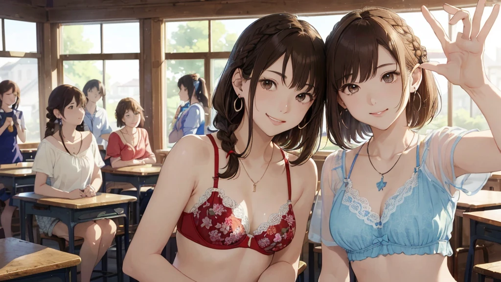 (highest quality、masterpiece、High resolution)、(Sargent-style watercolor)、(Anime Art)、Old school building、Old classroom、School in a wooden school building、Flowers Bloom、((Multiple women、Everyone is standing, Alongside))、(Detailed depiction of a beautiful face)、A kind smile、Medium Short Hair、Dark Brown Hair、Braiding、Soft sunlight、White bra and underwear set、Black bra and underwear set、Red bra and underwear set、Blue bra and underwear set、Wearing a purple bra and underwear set,Orange bra and underwear set、Floral bra(1.8)、Floral underwear(1.8)、T-back shorts(1.8)。whole bodyが写る(1.8)See-through bra(1.8)
information(highest quality:1.2)、Very detailed、High resolution、masterpiece:1,2、Bright colors、Bokeh、Professional Lighting、Physically Based Rendering、Flat Color:0.8、Fine Illustration、Realistic:1.37、Makoto Shinkai style、Name Style、Light Brown Hair、Elegant update、Short Bob、、Laugh together、Dynamic poselip、cheek(Dark Brown Hair/)bangs、cheek(direction)、(最高masterpiece1.2)繊細なイラストVery detailed、Break Blue Sky、Detailed Background、20-year-old female、whole bodyが写る、A shy smile、Through clenched teeth、Through clenched teeth、lip、cheek(Flat Color: 0.8)、(masterpiece: 1,2)、(masterpiece: 1,2)、High resolution、超High resolution、highest quality、High resolution、Ultra-thin illustration、Makoto Shinkai style、Your Name is Style、Short Bob、necklace、Earrings、Dynamic pose、Selfie、whole body、Brown Hair、Braiding、long hair(1.8)ponytail・Hair Bun Style、necklace、Valletta、ribbon、Earringsアニキュア,。